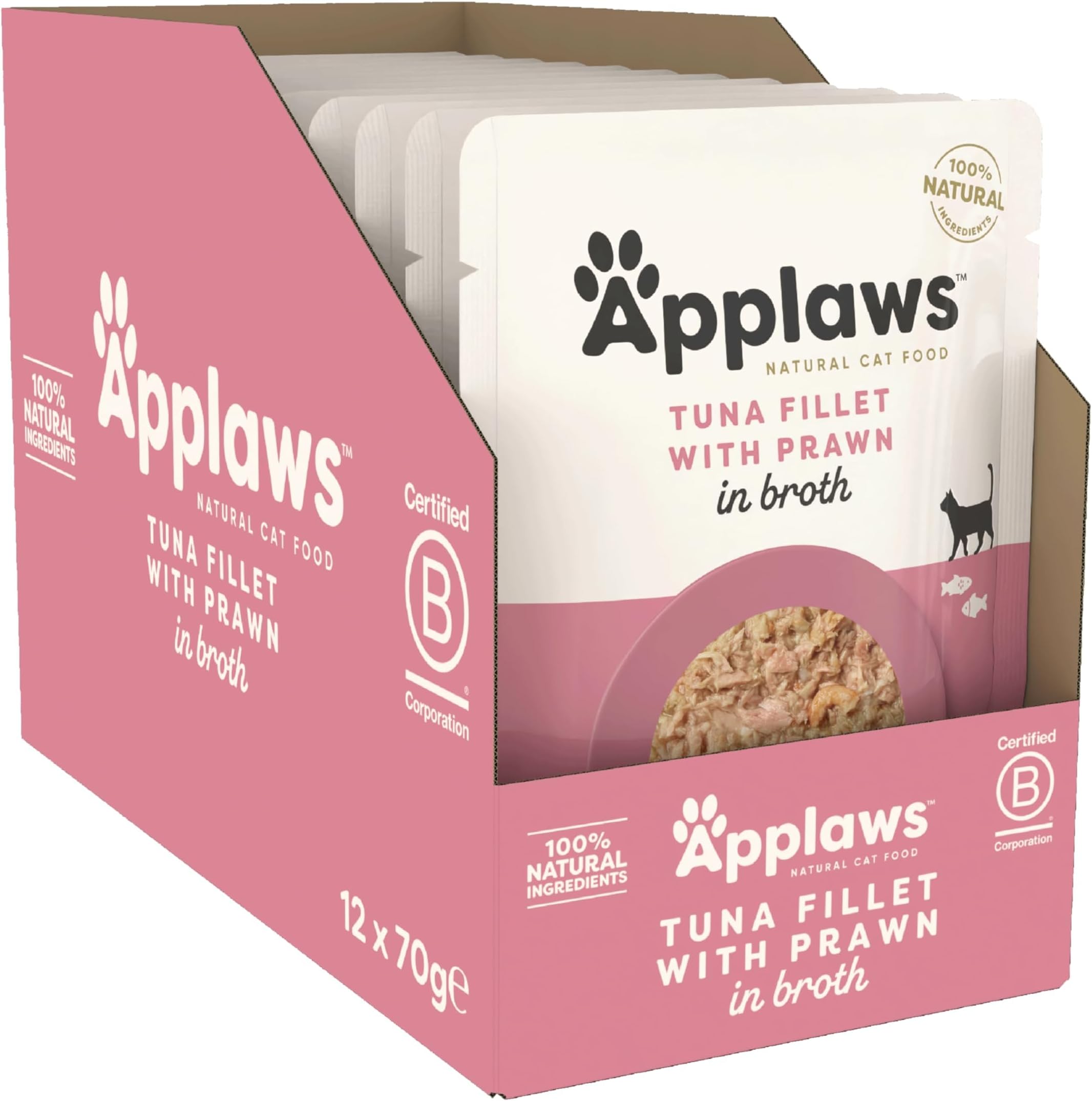 Applaws 100% Natural Wet Cat Food, Tuna Fillet with Pacific Prawn in Broth 12 x 70 g Pouches