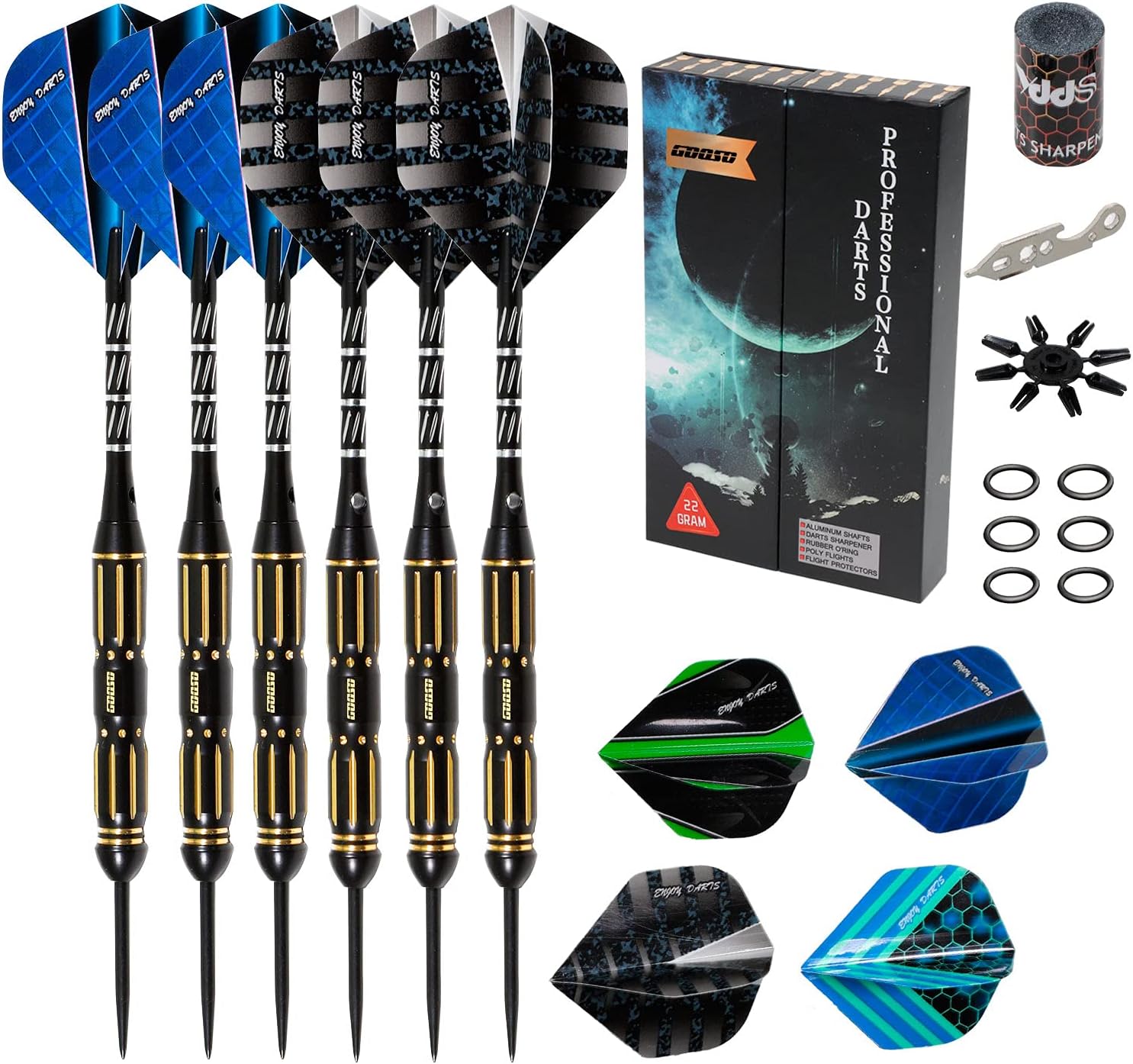 GOOSO Professional Steel Tip Darts Set 24g/22g/20g/18g with 12pcs Dart Flights + Dart Sharpener + Magnetic Case + Darts Tool (6 Pack)