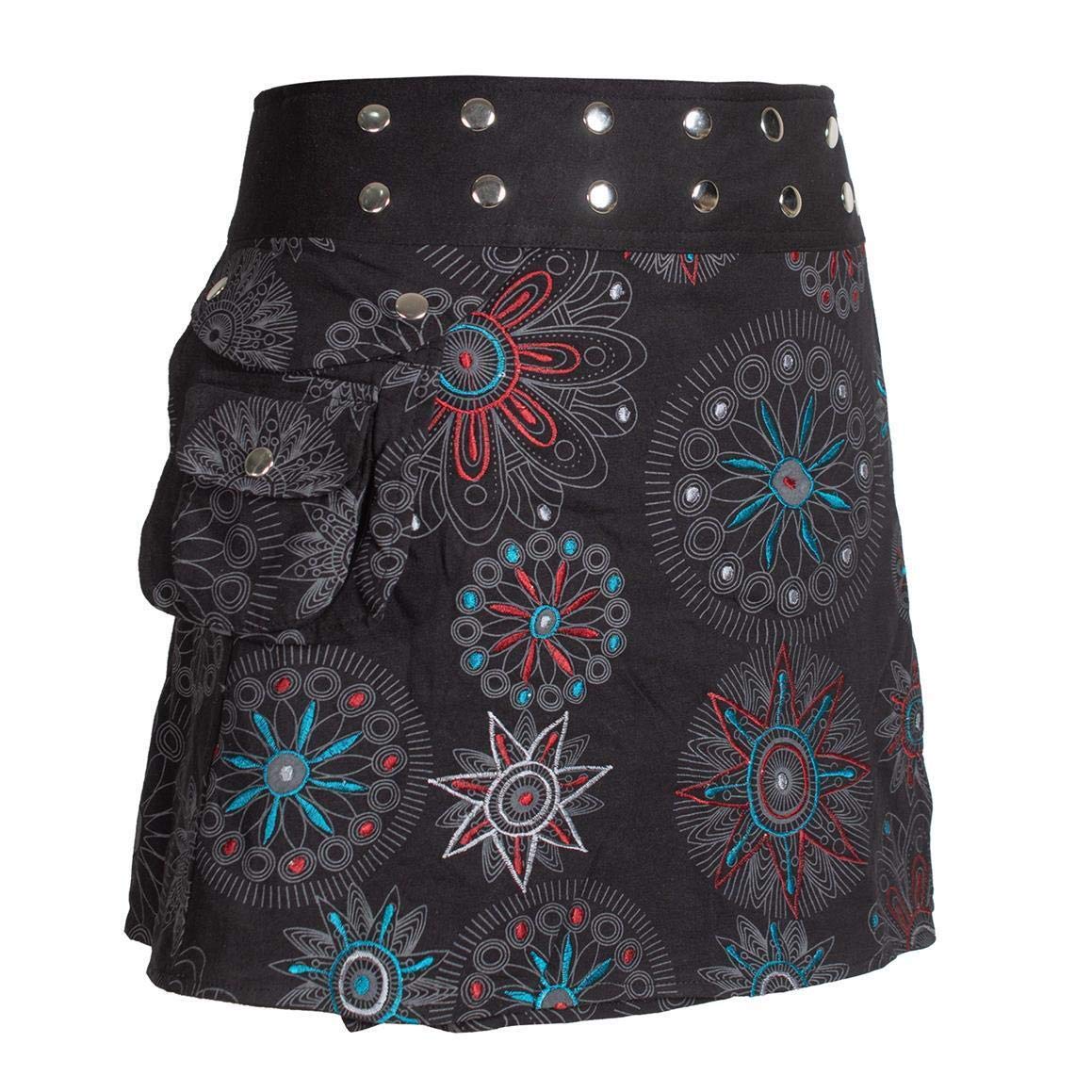 Vishes - Alternative Bekleidung - Damen Wickel-Rock Bedruckt Bestickt Blumen Mandala Gürtel-Tasche
