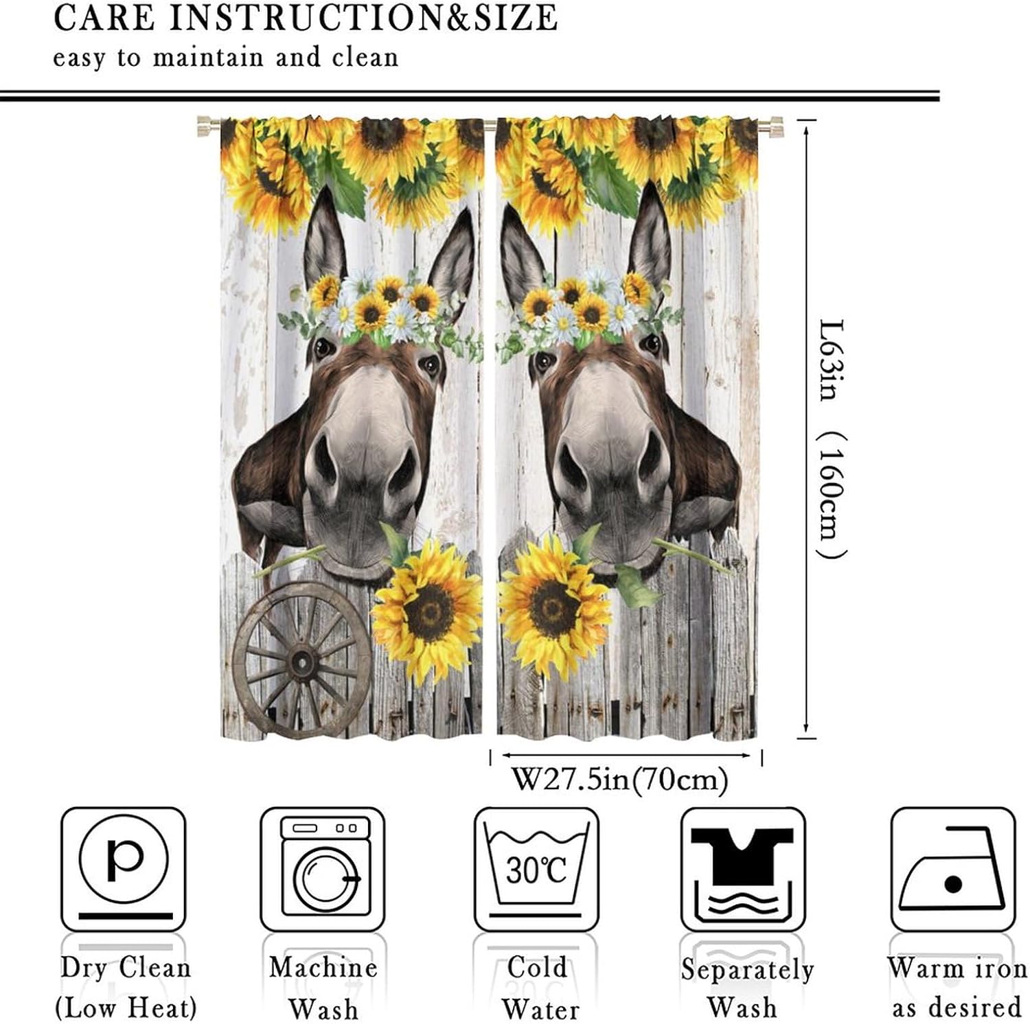 Vintage Farmhouse Donkey Curtains,Funny Cute Donkey Rustic Wooden Board Wheel Floral Sunflower Window Treatments Thermal Insulated Rod Pocket Blackout Drapes for Bedroom 2 Panels 63L x 27.5W