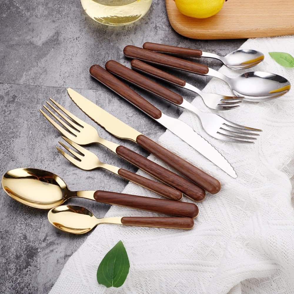 Ce Service de Couverts en Bois, composé de 70 pièces en Acier Inoxydable Durable avec Manche en Bois, Comprend des Couteaux, fourchettes et cuillères délicats. C'est Un Ensemble de Couverts
