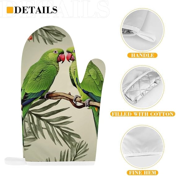 Couple Parrots Olive Oven Glove and Pot Holders for Kitchen, Personalized Oven Mitts with Hanging Loop, Non-Slip Hot Pads for Restaurant, Baking, Cooking, Grilling