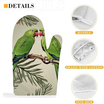 Couple Parrots Olive Oven Glove and Pot Holders for Kitchen, Personalized Oven Mitts with Hanging Loop, Non-Slip Hot Pads for Restaurant, Baking, Cooking, Grilling