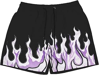 Mens Flame Graphic Basketball Shorts Cool Retro Running Athletic Shorts Drawstring Waist Casual Track Shorts