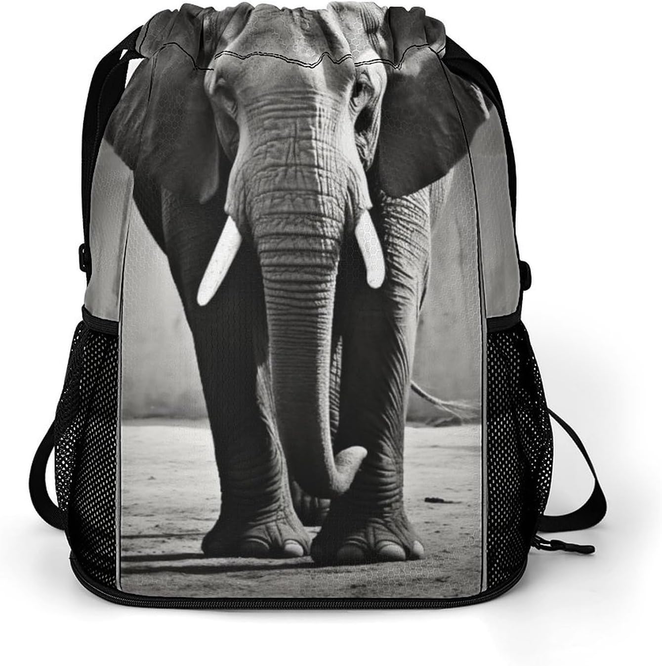 Small Gym Bag Black And White Elephant Printed Drawstring Gym Bag for Men Lightweight Waterproof Drawstring Backpack for Women with Shoe Compartment for Travel Tourism Work And Fitness