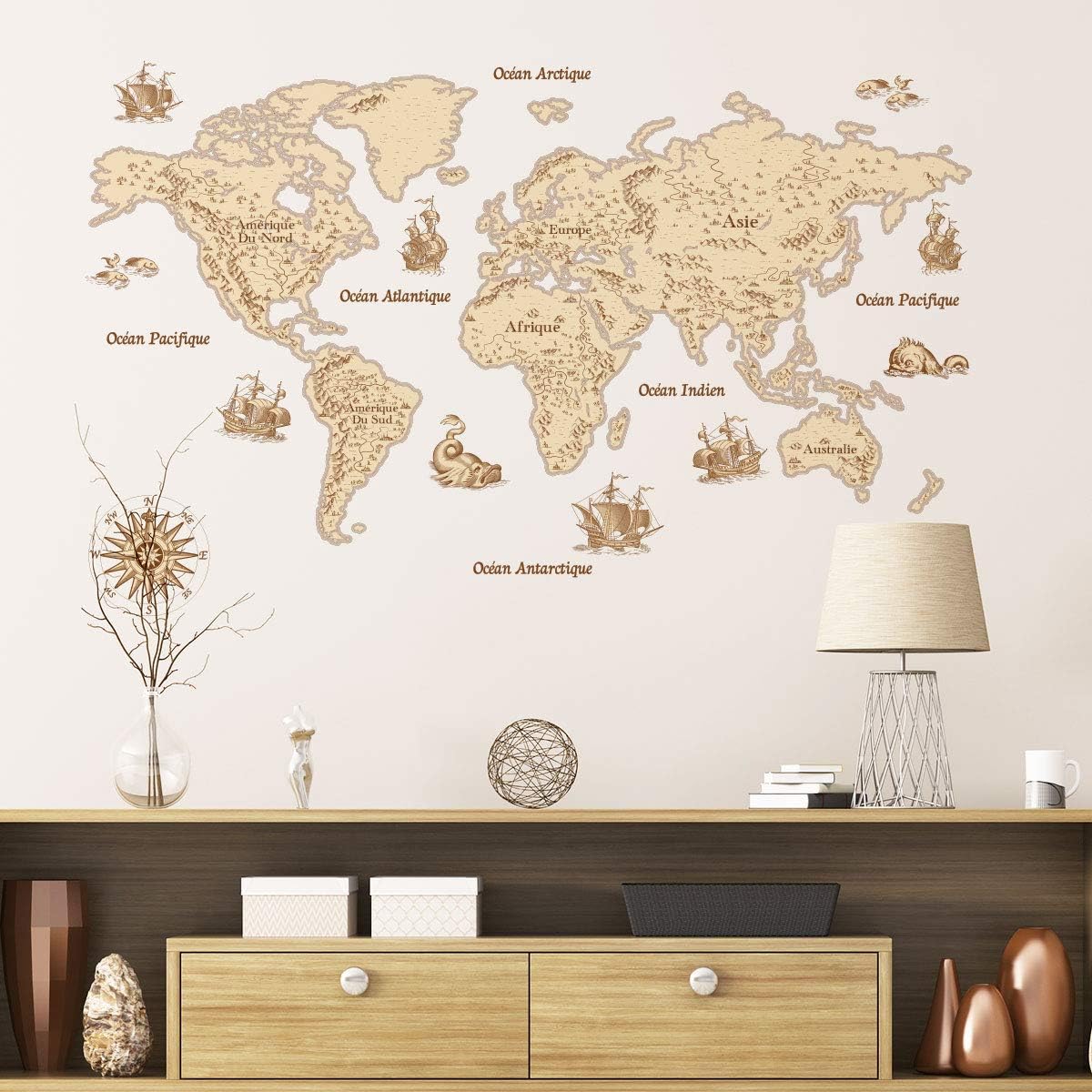 World Map Adhesive Stickers, Vintage Sticker, Wall Decoration, Bedrooms and Living Rooms, 60 x 100 cm, Model 1, 60x100cm - Image 3