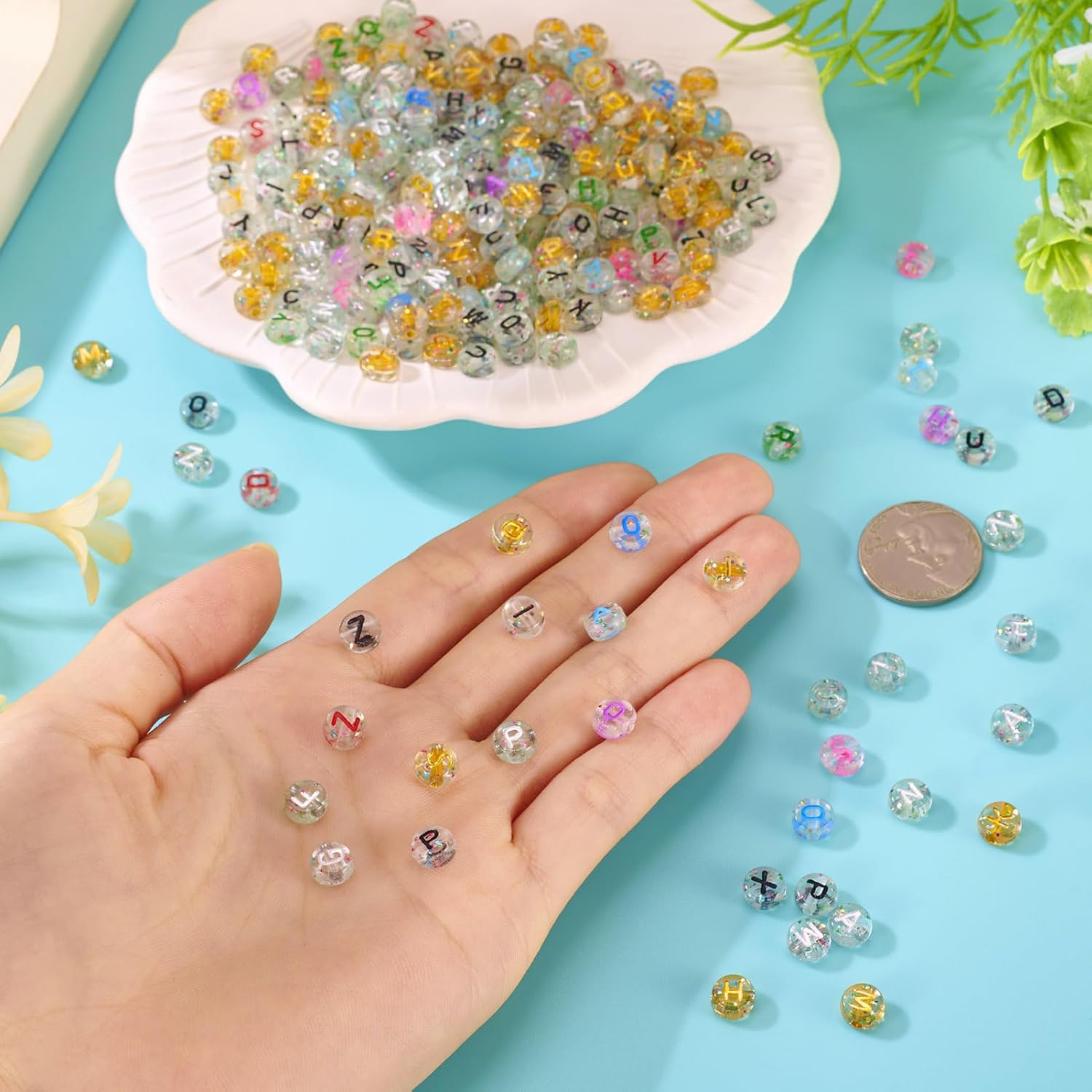 KISSITTY 400Pcs Transparent Acrylic Letter Beads Bulk with Glitter Powder Colorful Flat Round Alphabet Beads Letter Pattern Loose Spacer Bead Charms for DIY Necklace Bracelet Jewelry Making Supplies - Image 5