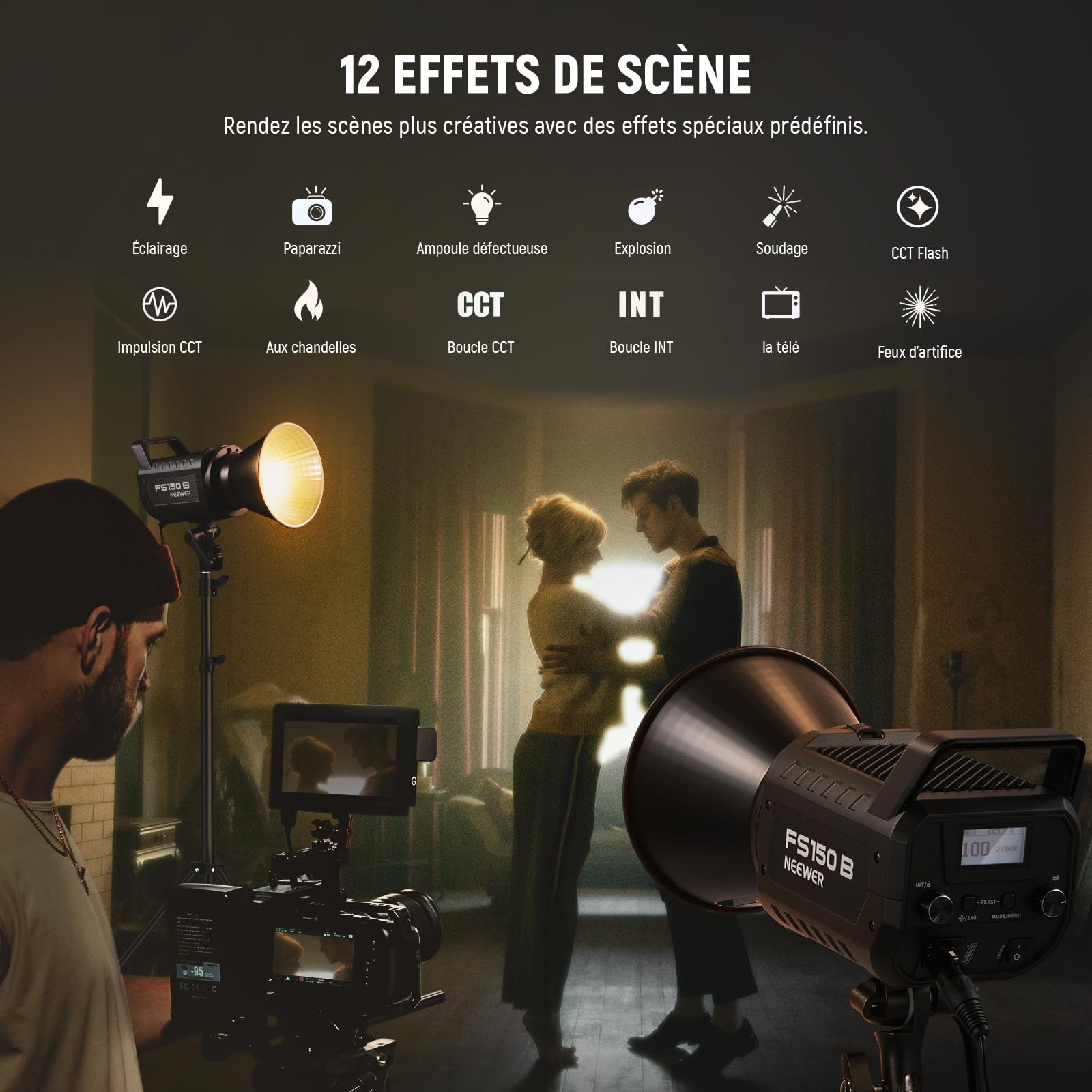 NEEWER FS150B Lampe vidéo LED bicolore 130 W, éclairage continu COB portable avec contrôle 2,4 GHz/APP/prise de vue silencieuse, 4 modes de gradation précis, 2700 K-6500 K, 12 effets, monture Bowens