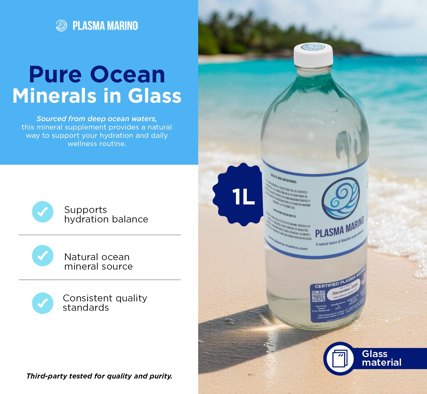 Plasma Marino Hypertonic Marine Liquid – Glass Bottle-Container, Bioactive Ocean Deep Sea Water from Atlantic Ocean Vortex, Mineral-Rich, Hydration, Electrolytes, Trace Minerals, Ocean Natural Mineral Concentrate, Glass Container 32 oz