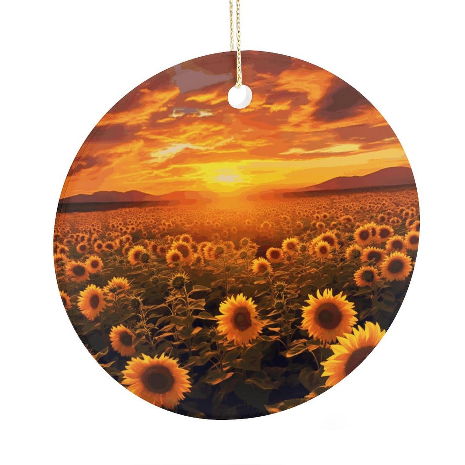 Adfgyerh Style Sunflower Field Sunset Sea Of Flowers Ceramic Circular Pendant,2.9 Inch，Hanging Ornament，Gift Exchange Idea Round Ceramic Ornament,For Mom And Daughter，For Home Indoor Outdoor Decor.