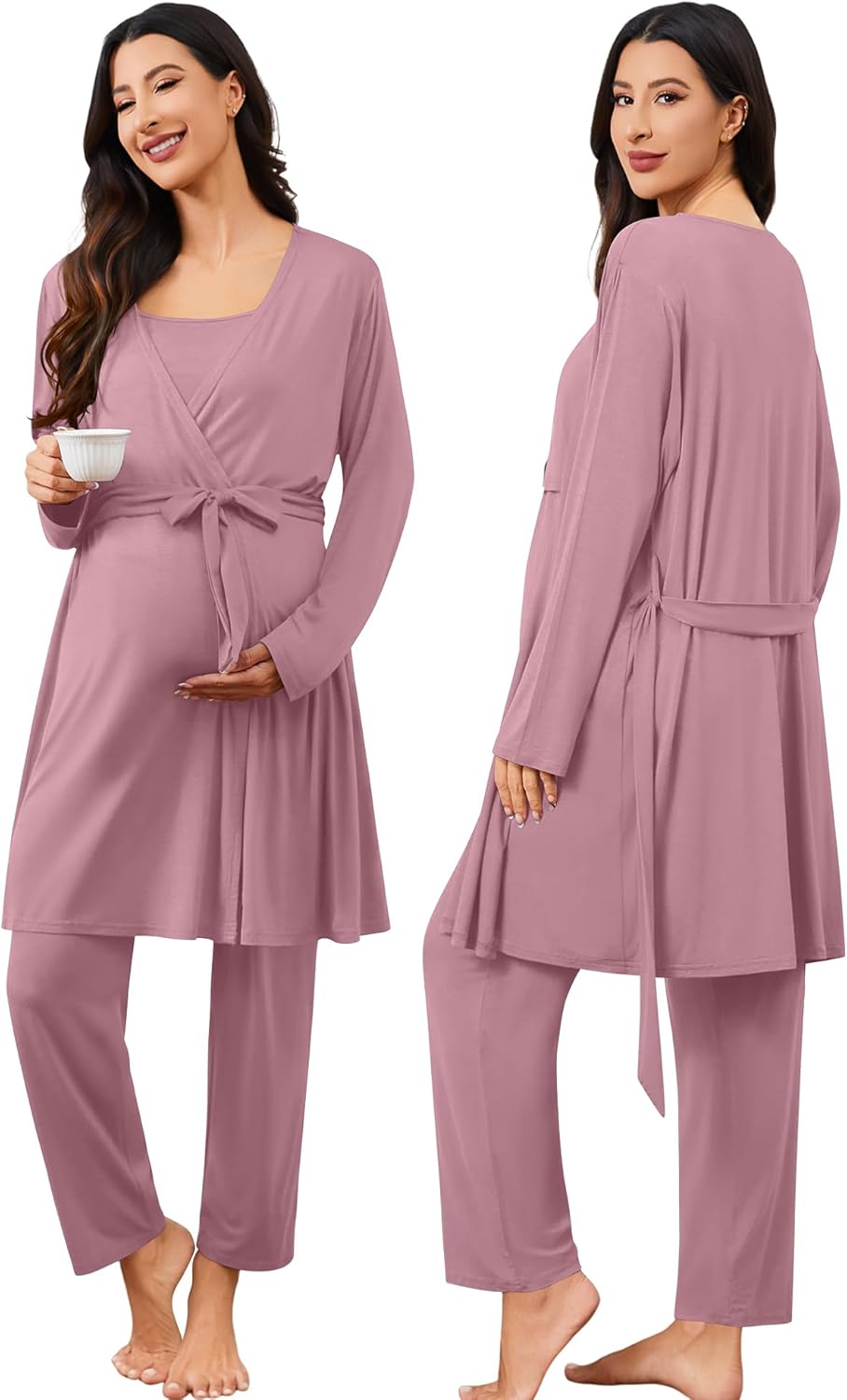 SWOMOG Maternity Nursing Robe Set 3 PCS Postpartum Pajamas Breastfeeding Pregnancy Robe & Camisole & Pants - Image 5