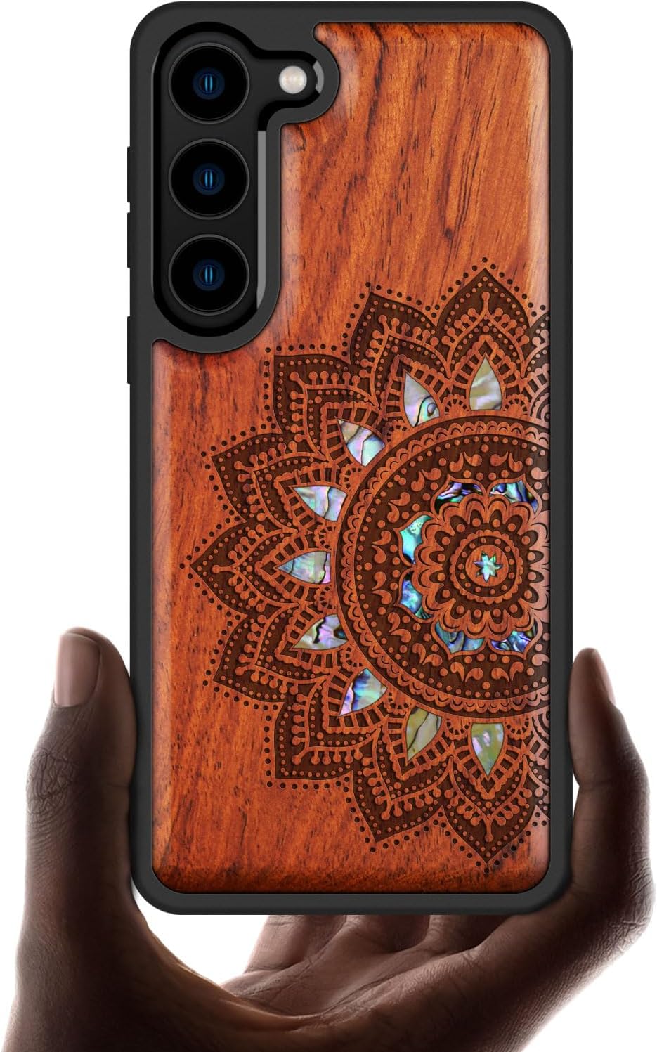 Carveit Designer Wooden Case for Samsung Galaxy S23 Plus Cover [Wood Engraving & Shell Inlay] Compatible with Wireless Chargers S23 Plus Case (Mandala Art-Rosy)