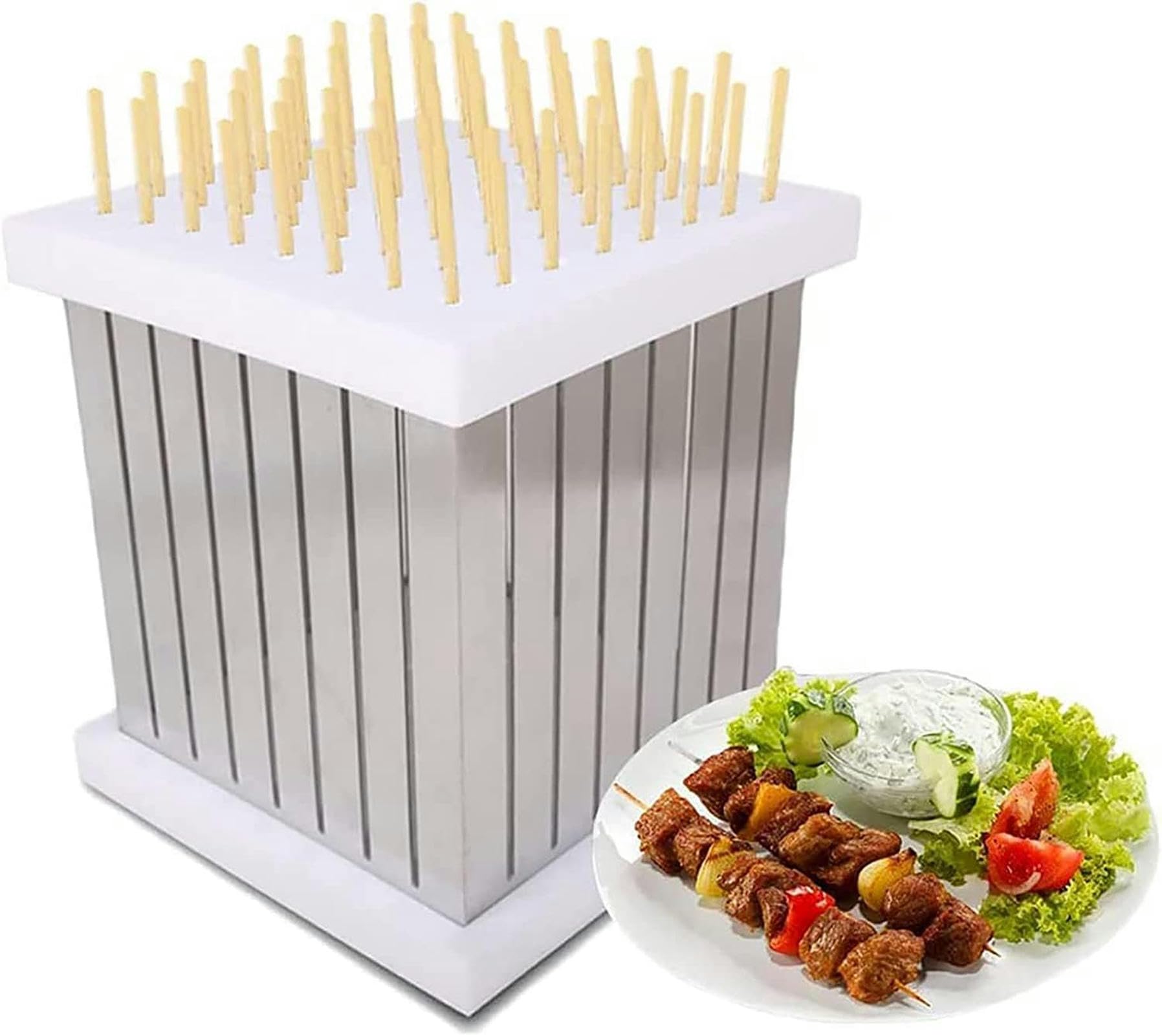 Spiedini per barbecue a 64 fori, scatola per la preparazione di kebab, affettatrice per carne, barbecue, spiedini, kit per la preparazione di brochette per kebab, per cucina all'aperto