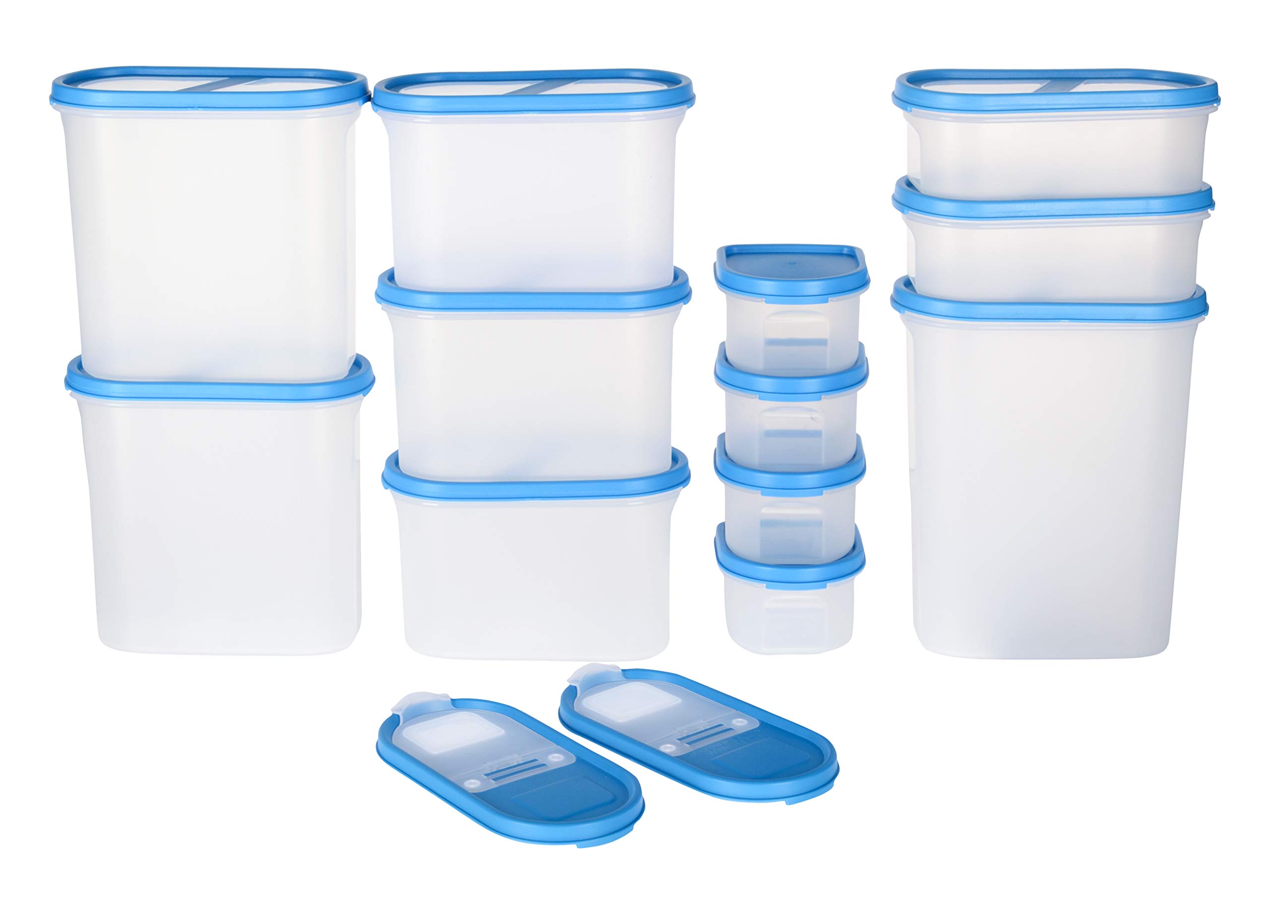 SimpArte 360° AirTight Kitchen Storage Container Set for Rice|Dal|Atta|Cereals|Pulses|Stackable|Modular Design|12-Pieces (4x250ML,2x525ML,3x1200ML,2x1800ML,1x2400ML)+2 Free FlipTop Lids, Sky Blue