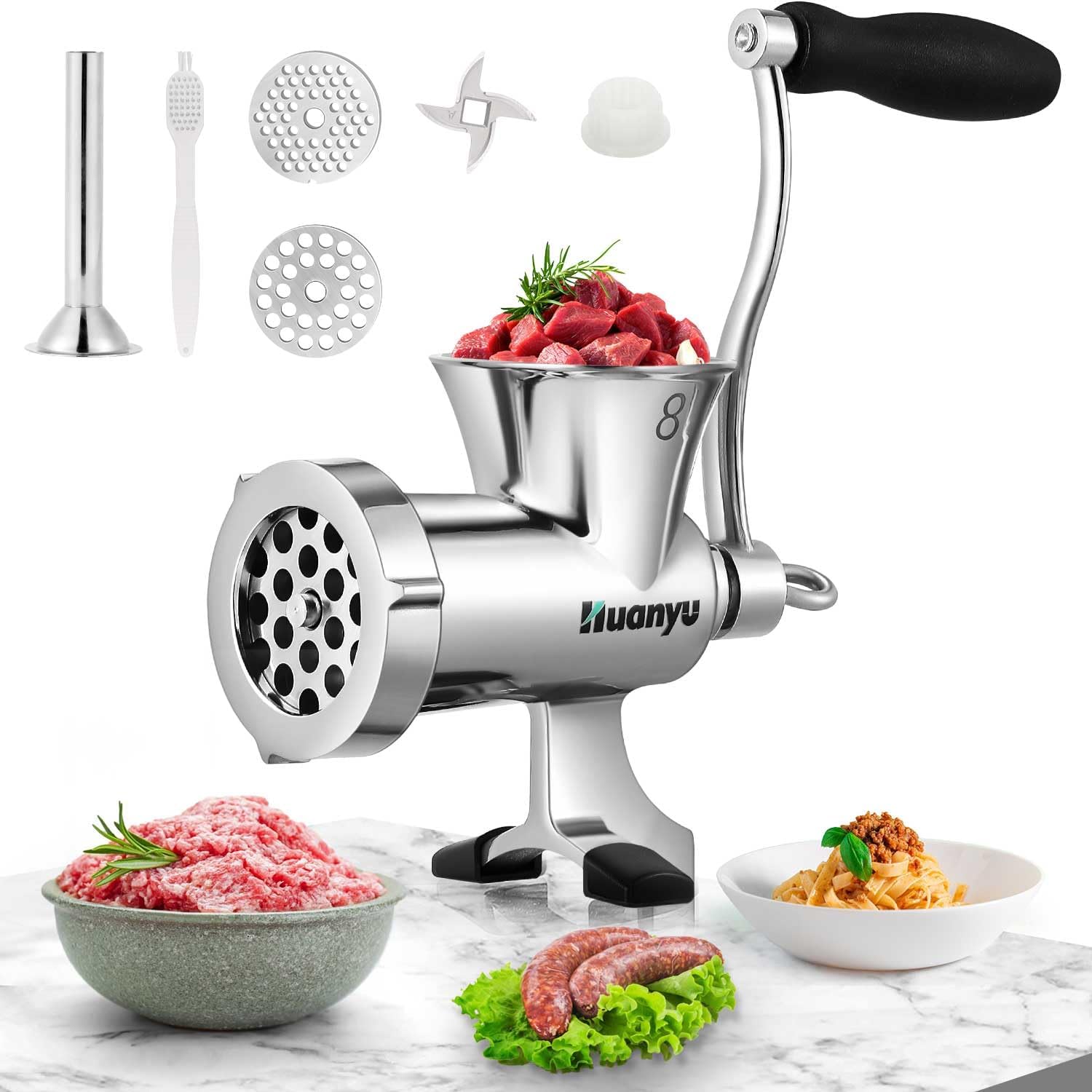 Huanyu Meat Grinder Manual Stainless Steel Compact Meat Mincer Sausage Stuffer Hand-Cranked Meat Grinding Machine Household for Chicken Bone Beef Chili M8