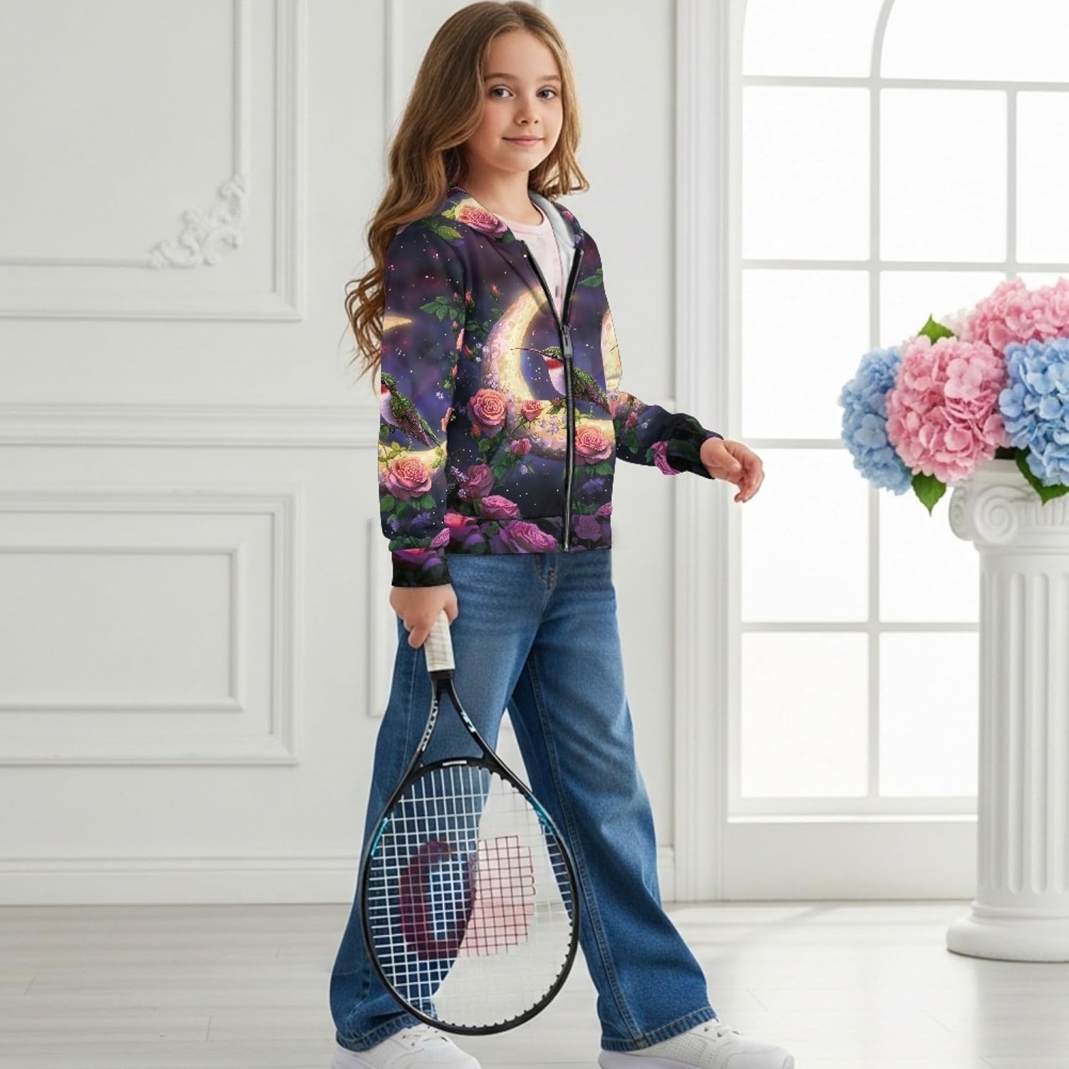 AmzPrint Big Toddler Girls Zip Up Hoodies Long Sleeve Funny Oversized Back To School Graphic Hoodies For Toddler Girls