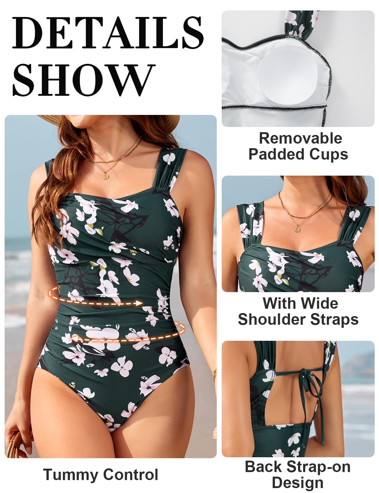 Nadeer Badeanzug Damen Einteilige Bauchweg Bademode Push Up Swimsuit Vintage Raffung One Piece Figurformend Schwimmanzug Tummy Control Schlankheits Strandmode