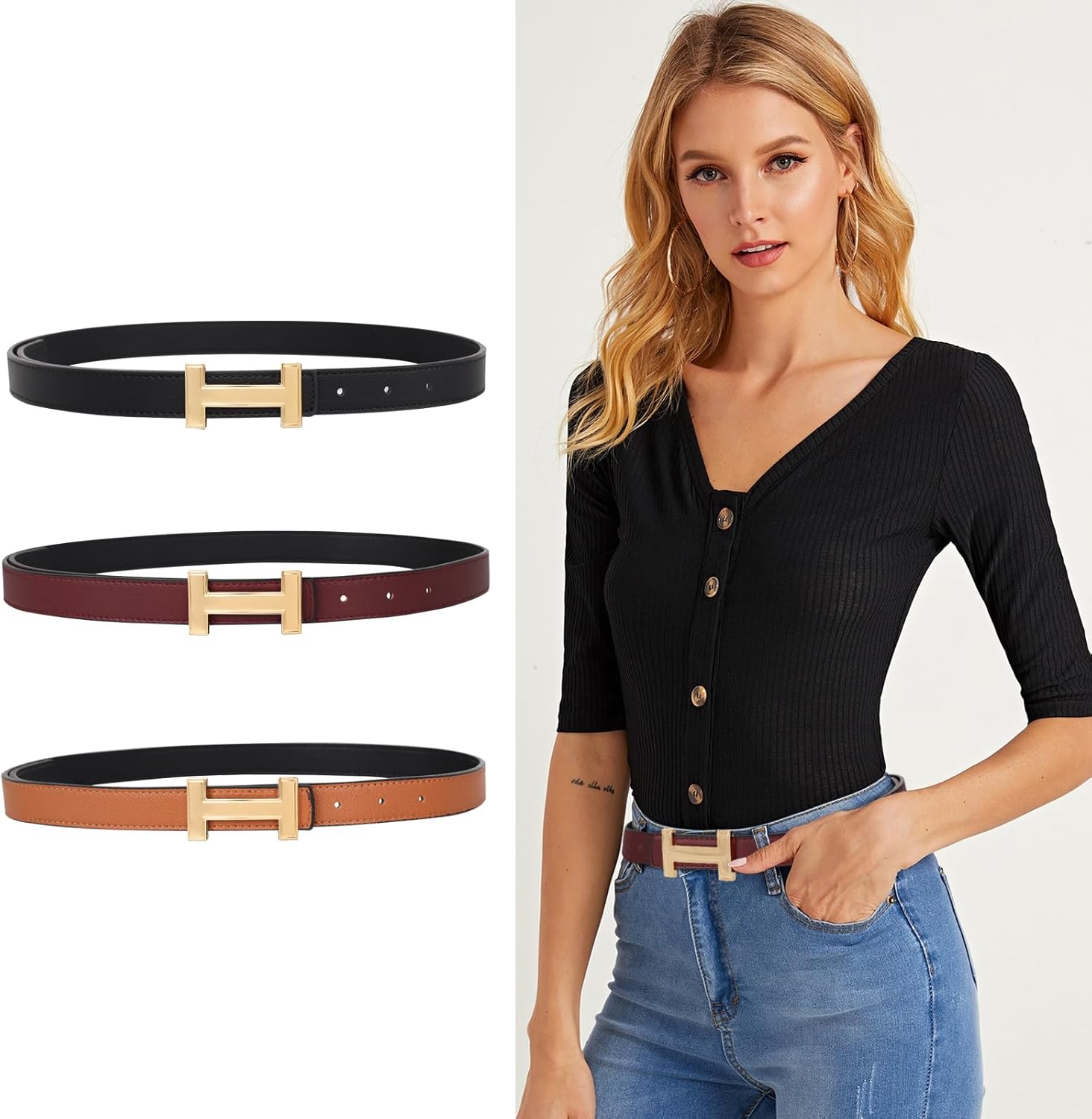 Relang Women's Belts with Gold Buckle, Fashion Waist Band, Elegant Ladies' Belt, Gift for Women - Image 4