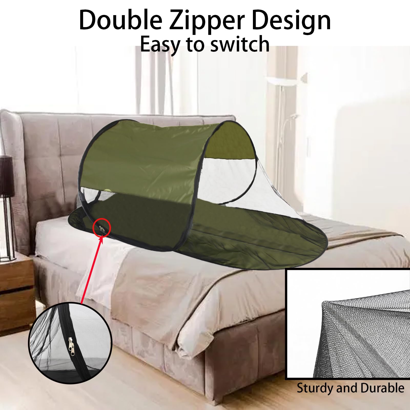 Mosquitera portátil desplegable para cama, viajes, campamento (parte inferior verde y parte superior verde)