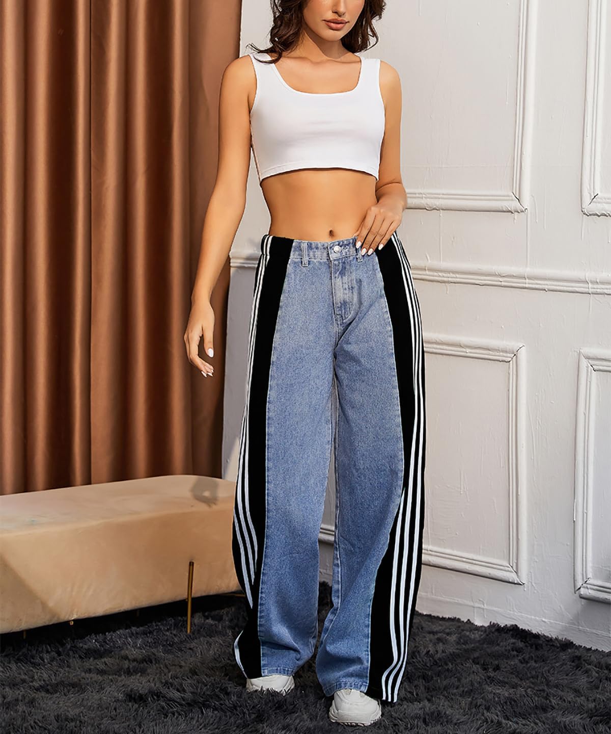 LONGBIDA Women's High Waisted Jeans Two Tone Stretchy Baggy Trendy Wide Leg Denim Pants - Image 5