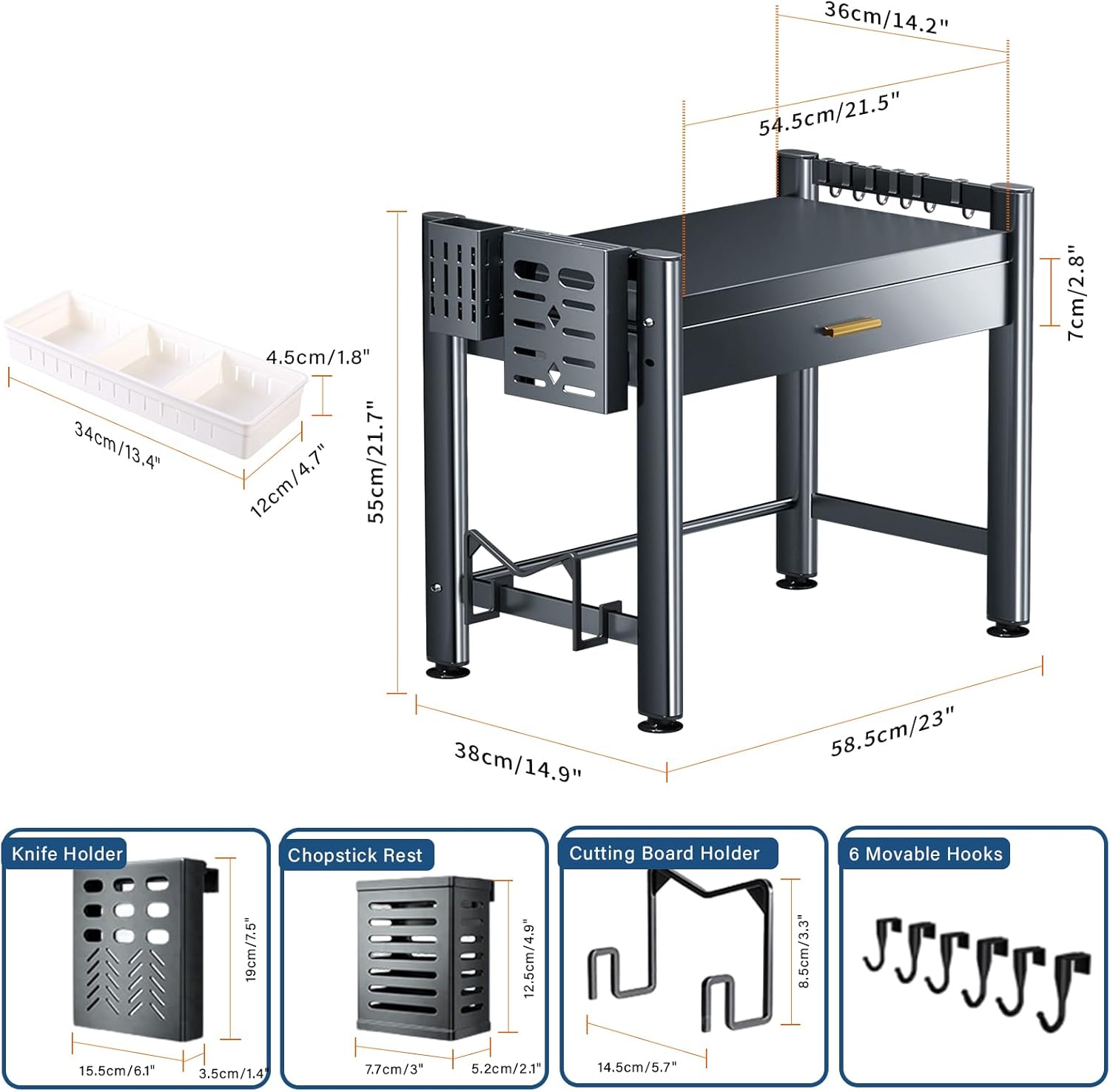 Adjustable Microwave Oven Rack, Microwave Stand Shelf with Drawers, 2-Tier Shelf with Cutting Boards Stand for Kitchen Shelves Counter Top Organizer, Holds 55lbs,9 Hooks and 4 Storage Boxes