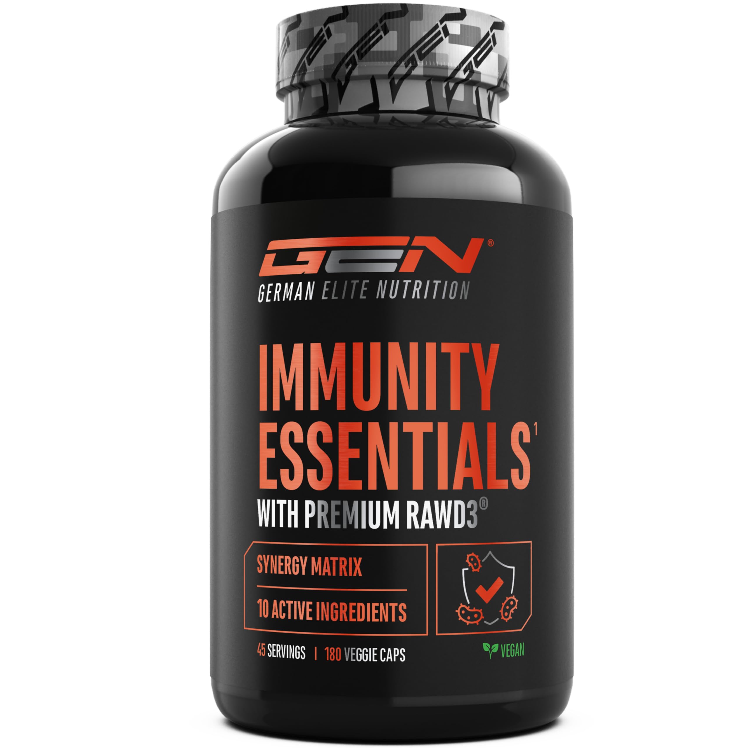 Immunity Essentials Complexe – 180 gélules avec bêta-glucane, vitamine C, D3 (RAWD3®), zinc, quercétine, échinacée, sureau et extraits végétaux – hautement dosé, végan