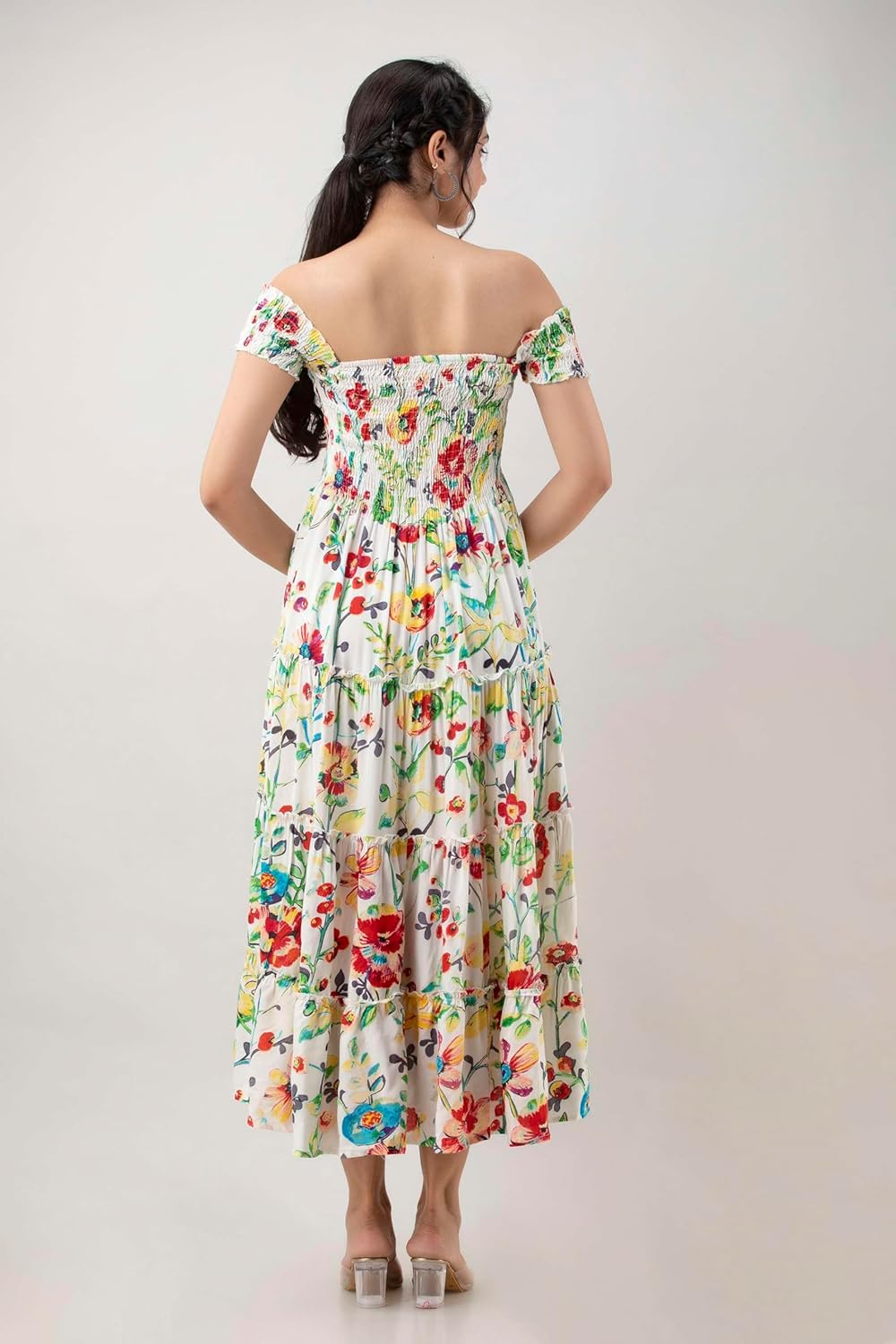 AMCRAFTS Women's Viscos Rayon Printed Off Shoulder Midi Dress for Summer and Casual Wear - Image 8