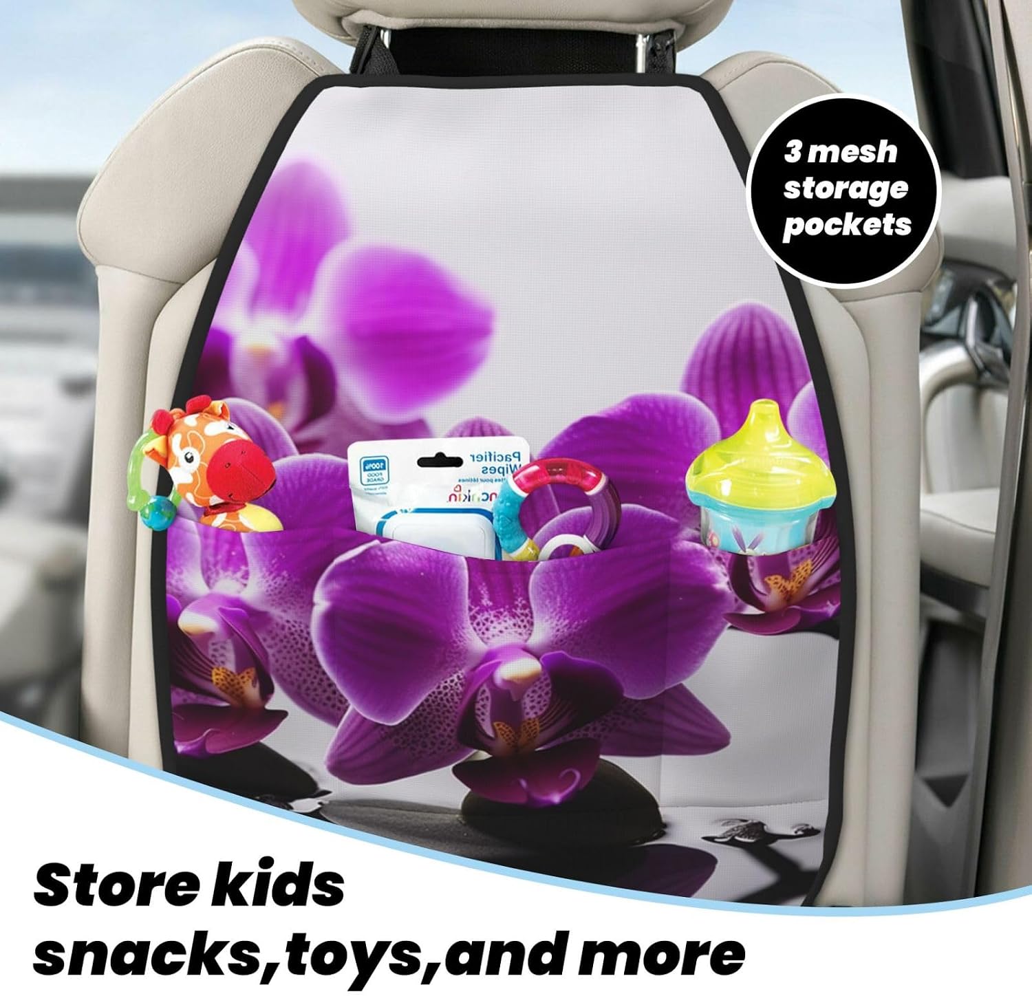 Kick Mat Back Seat Protector for Car 2 Pack Extra Large Car Back Seat Cover with 3 Storage Pockets Waterproof Seat Back Protector Purple Butterfly Orchid Backseat Car Organizer for Trucks SUV