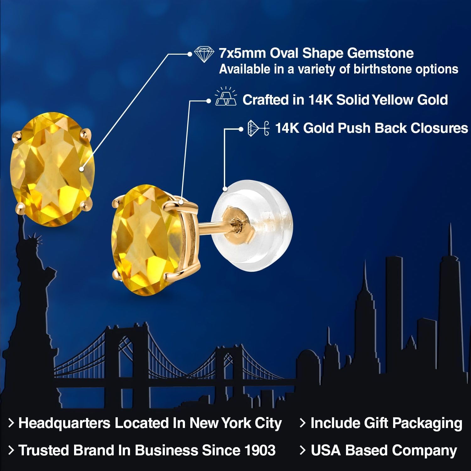 Gem Stone King Gemstone Birthstone Stud Earrings for Women Men | 14K Yellow Gold | Oval 7X5MM | Fine Jewelry Gifts for Mom Women Wife