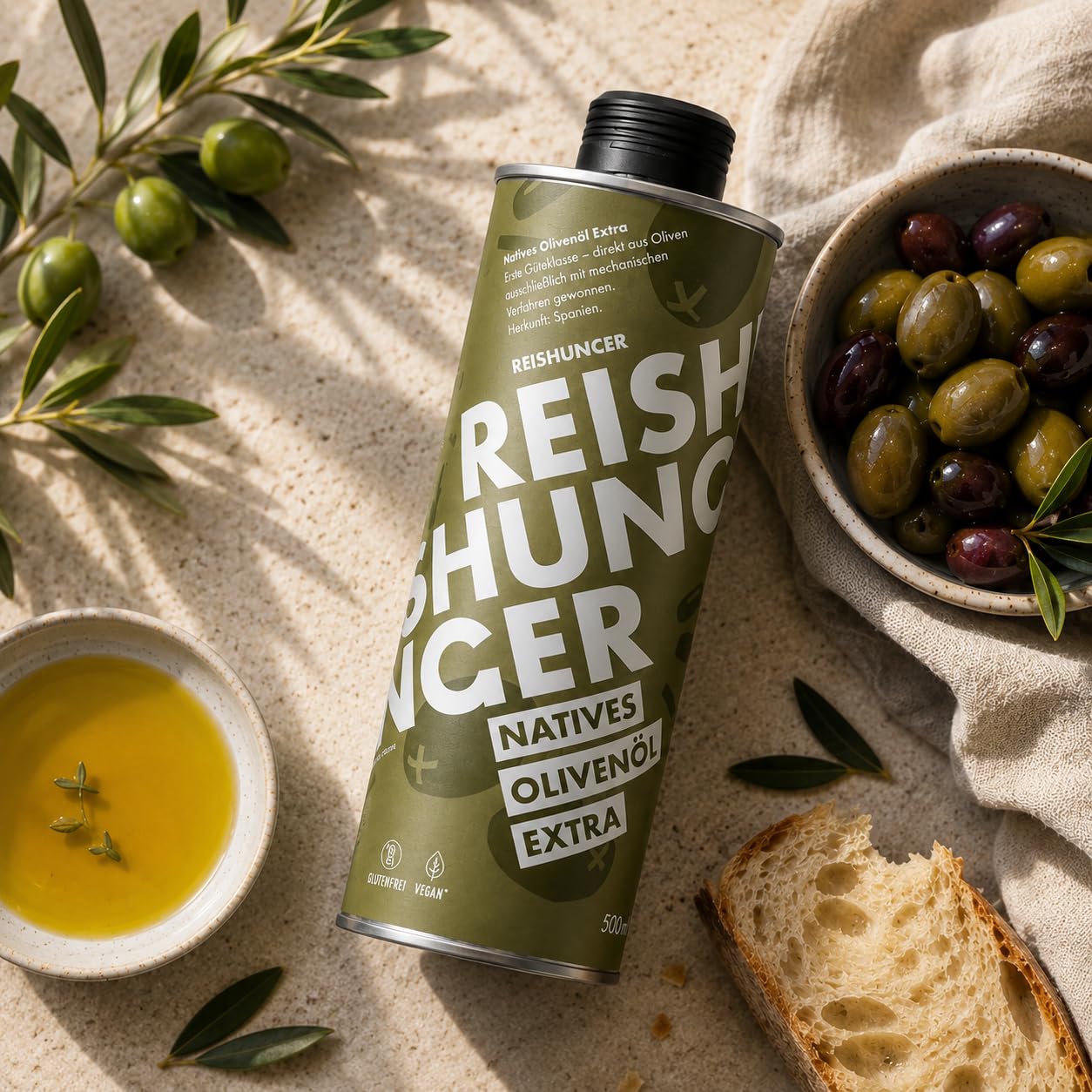 REISHUNGER – Natives Olivenöl Extra – 6 x 500 ml | Fruchtiges Speiseöl aus Spanien der ersten Güteklasse – Perfekt zum Verfeinern & den puren Genuss