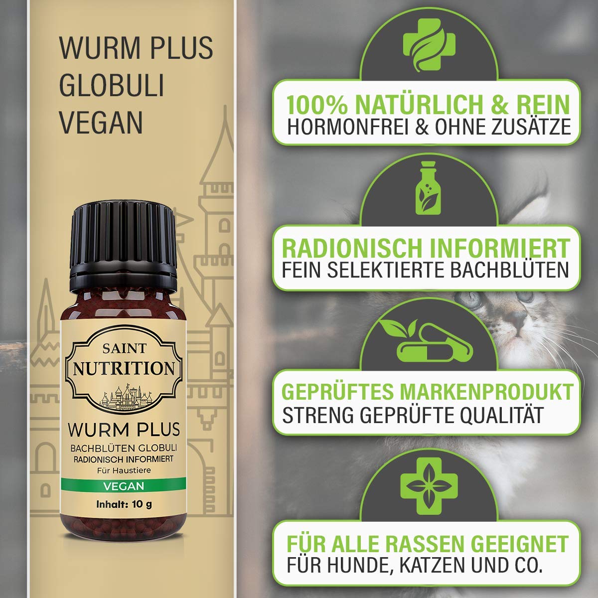 Nat&uuml;rliche Entwurmung Saint Nutrition&reg; Wurm Plus Globuli - Cura Naturale Per Vermi Di Cane E Gatto, 10g Alternativa Wurmkur