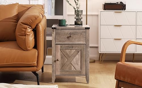 Miniatura 20 de Betterhood Barnwood - Mesita de noche rústica con estación de carga, mesa auxiliar con puerta de granero y cajones, mesa auxiliar estilo roble Roble