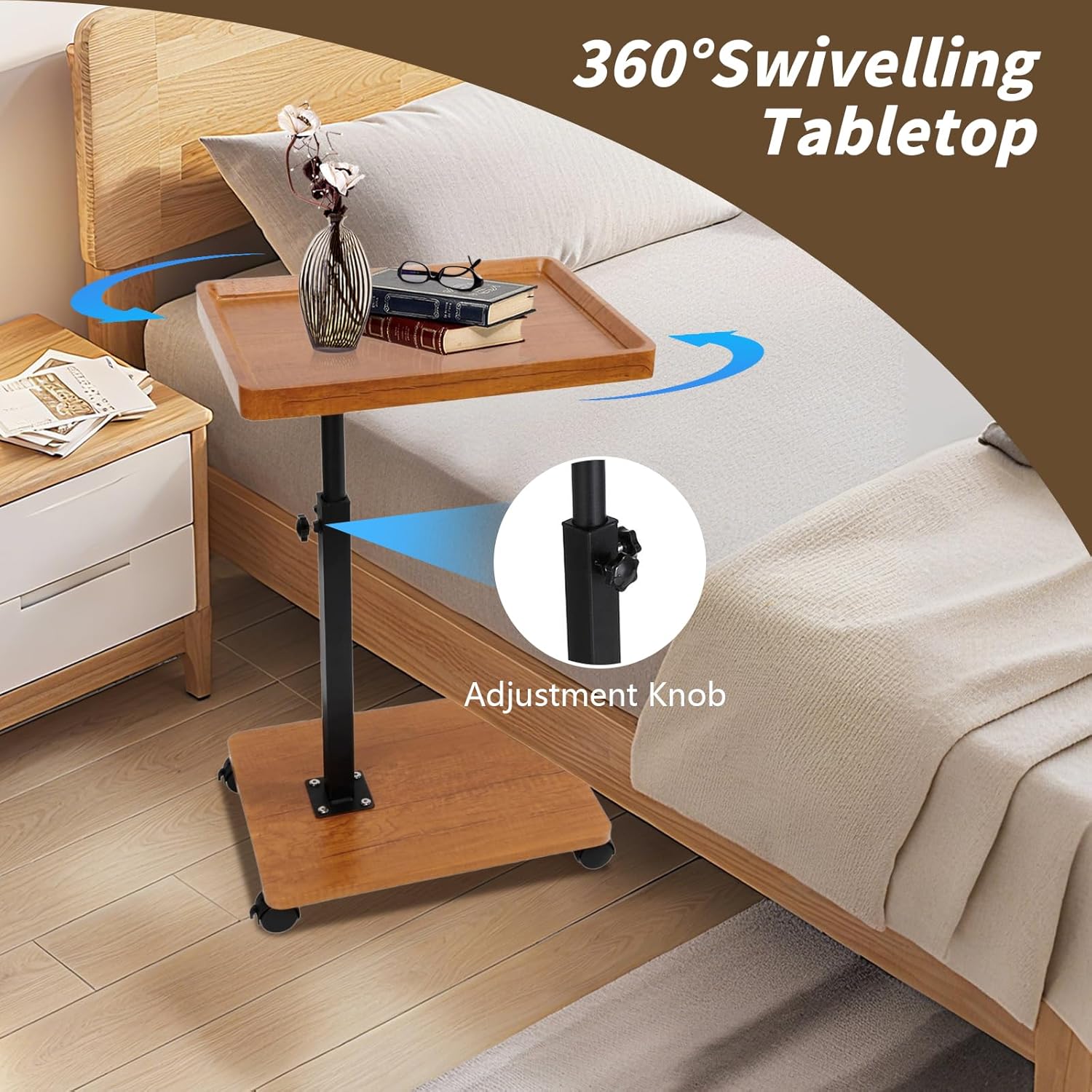 Simcat Adjustable Side Table, C Shaped Small Table with 4 Wheels 364° Swivel Tray, End Table for Living Room Bedroom Sofa Small Spaces