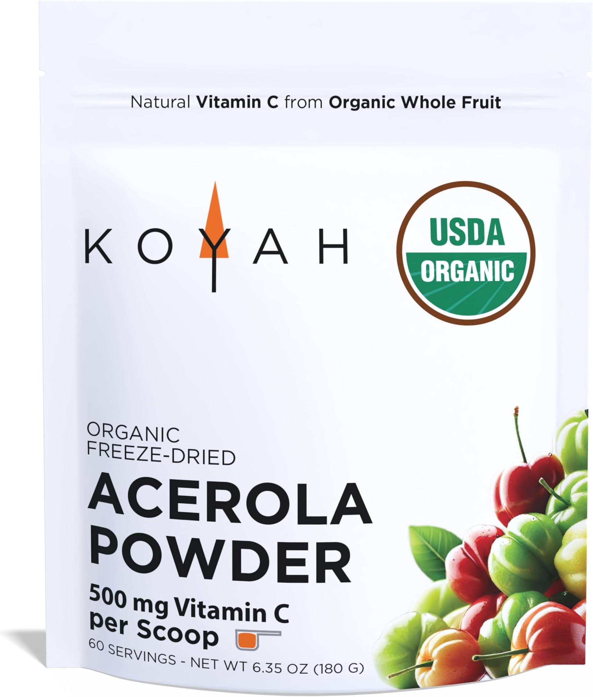 KOYAH - Organic Acerola Cherry Powder: 220 Servings (1 Scoop = 200% Vitamin C or 2 Whole Cherries) Freeze-Dried, Whole-Cherry Powder