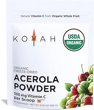 KOYAH - Organic Acerola Powder Freeze-Dried, 100% Pure, 500 mg Natural Vitamin C per Scoop, Whole-Food, Non-GMO, Vegan, 60 Servings, Made from acerola Cherries Grown in Brazil