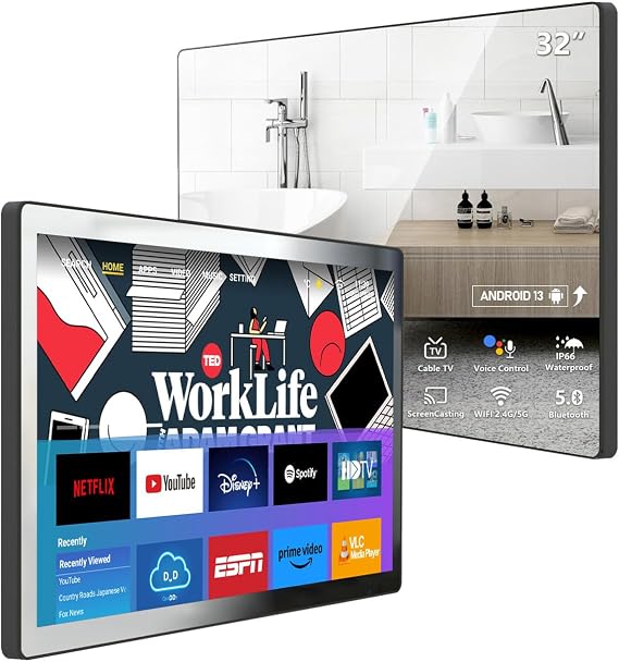 32 inch IP66 Waterproof Android 13 Smart Mirror TV for Bathroom and Bedroom - 4K UHD, Digital Mirror Built-in Voice Assistant, ATSC Tuner, Bluetooth, WiFi, HDMI
