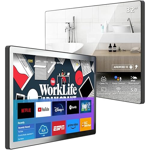 32 inch IP66 Waterproof Android 13 Smart Mirror TV for Bathroom and Bedroom - 4K UHD, Digital Mirror Built-in Voice Assistant, ATSC Tuner, Bluetooth, WiFi, HDMI