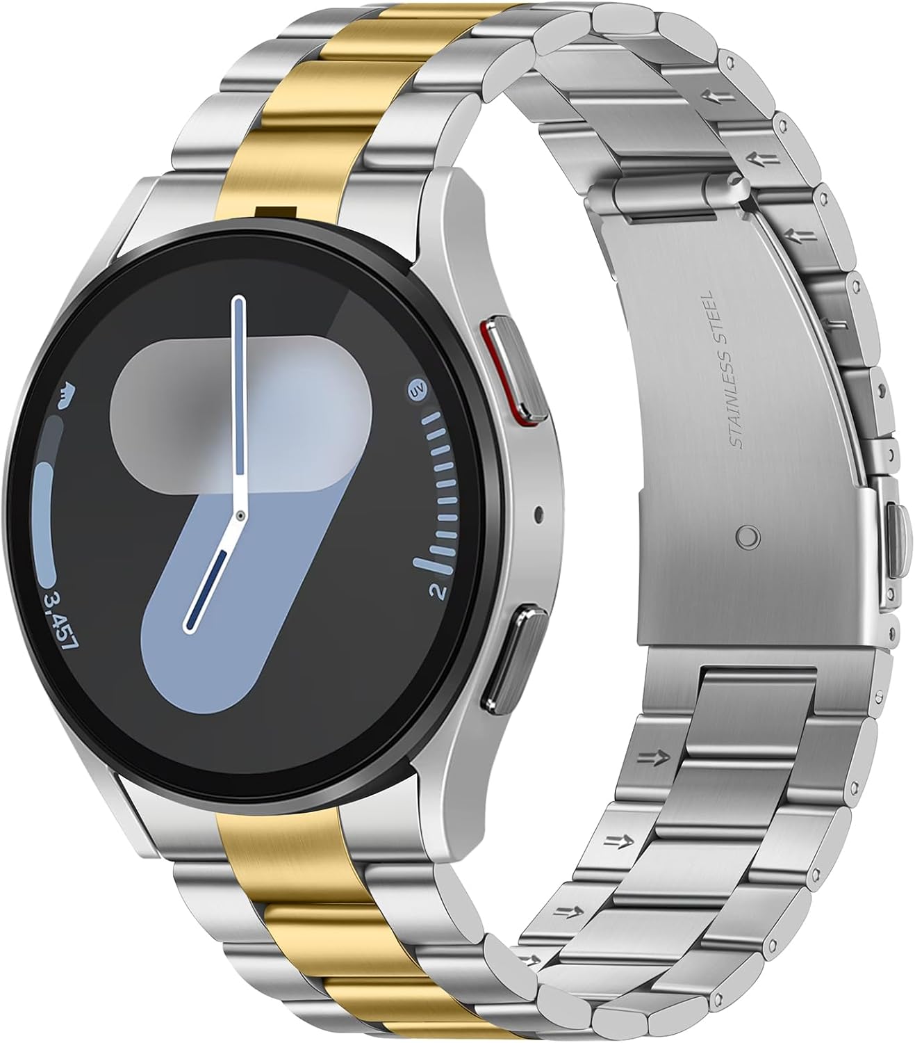 Metal Bands Compatible with Samsung Galaxy Watch 7 6 5 4 FE Band 44mm 40mm/Galaxy Watch 6 Classic 47mm 43mm/5 Pro 45mm, No Gap Stainless Steel Strap for Women and Men, Silver-Gold