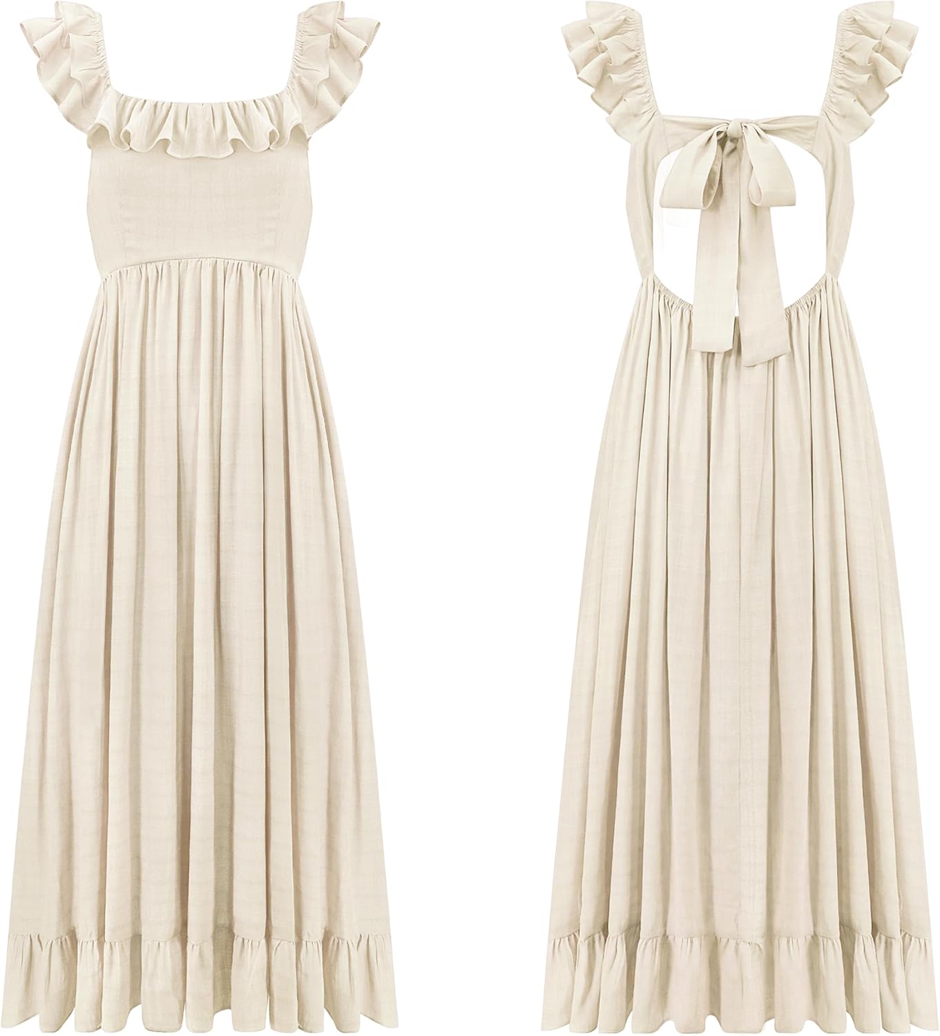 R.Vivimos Summer Dress for Women Sleeveless Boho Ruffle Square Neck Tie Back Casual Backless Flowy Midi Dress - Image 6