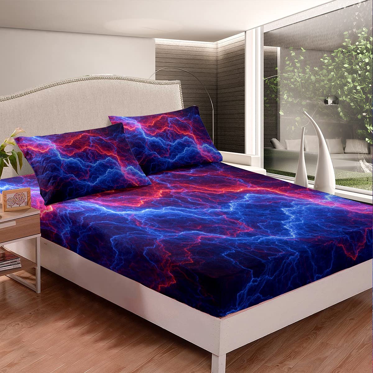 Galaxy Bed Sheet Set Outer Lightning Blue Red Fitted Sheet & Pillow Sham Set for Kids Boys Girls So Cool Universe Summer Storm Bringing Thunder 2Pcs Single Size,No Flat Sheet