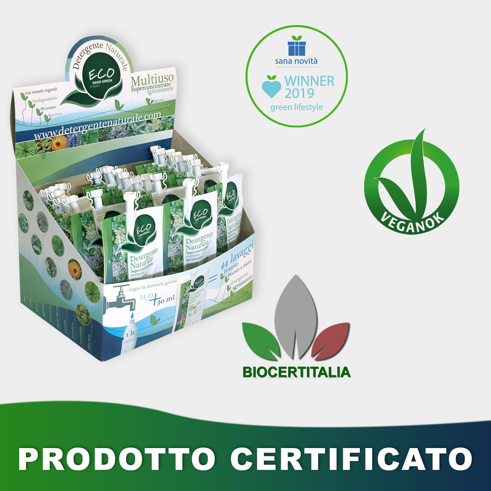 ECONANO GREEN PROJECT - Detergente Biologico Multiuso Superconcentrato 100% Naturale - Formato Risparmio con espositore 36 bustine