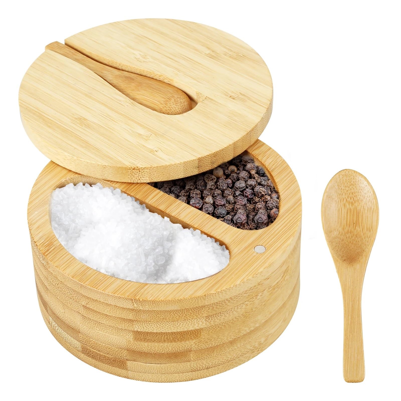 LuoAXINN Wooden Salt Cellar Triple Salt Box Container with Lid and Spoon for Spices Seasoning Kitchen Accessories Jar(1 layer)