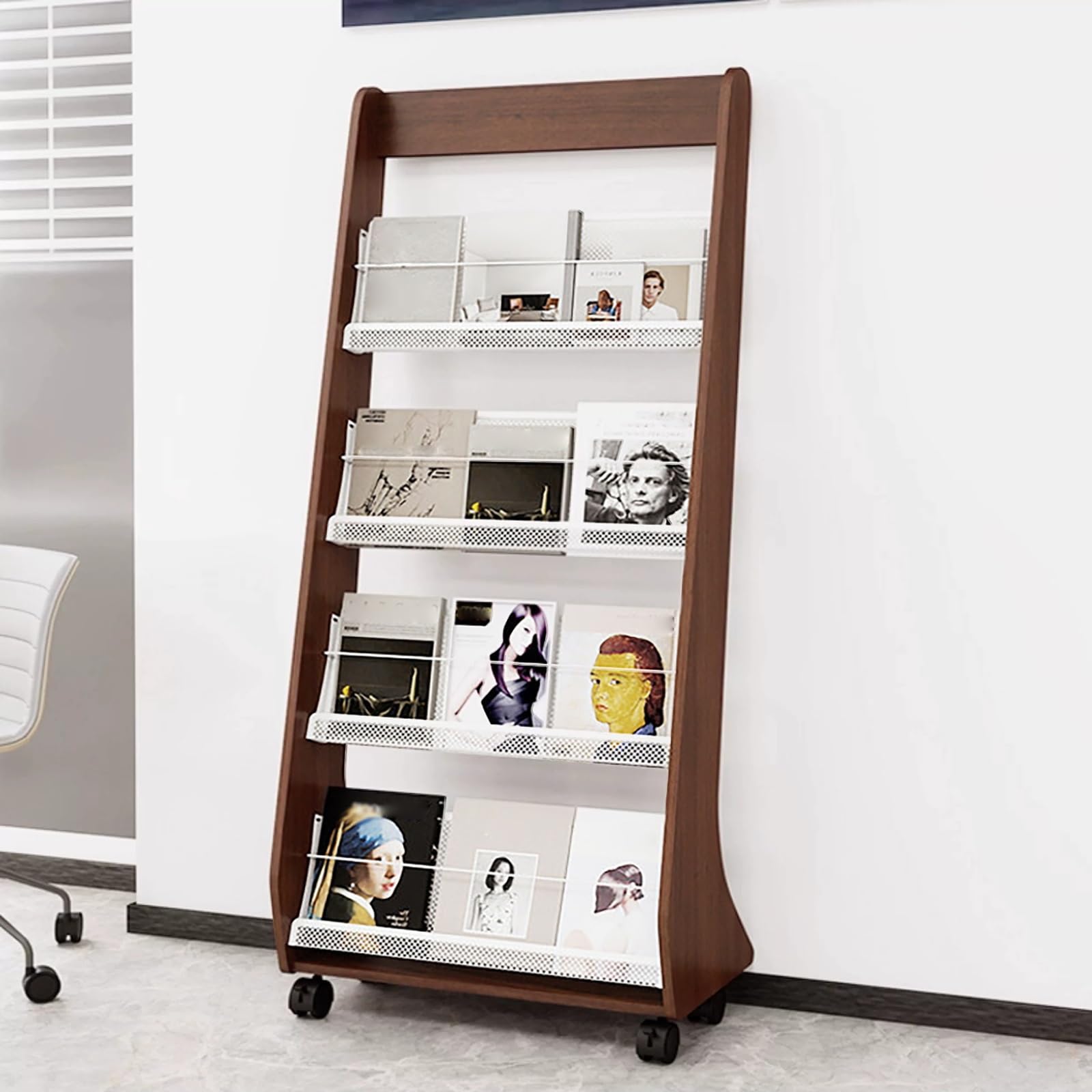 Cjwkxqol Brown Rolling Wooden Magazine Rack, Freestanding Vertical Display With Wheels For Home Office Library Reception(Brown)