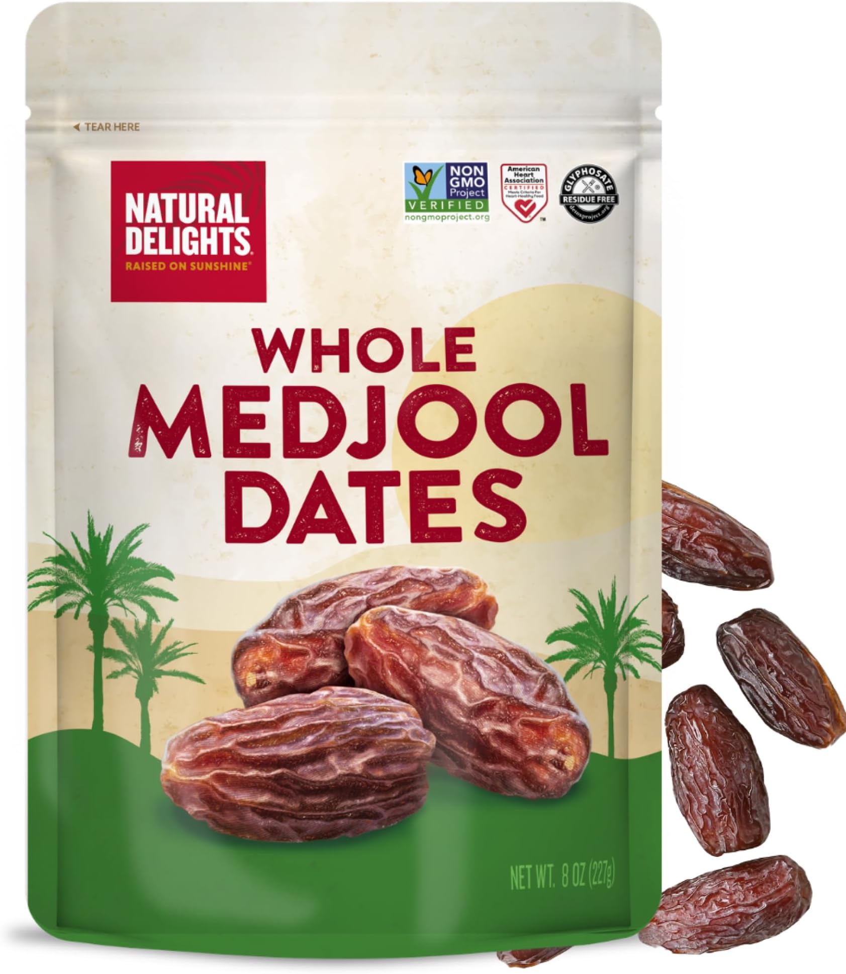 Natural Delights Medjool Dates – Large & Plump Non-GMO Verified, Good Source of Fiber, Naturally Sweet Fruit Snack, Perfect for On-the-Go - Medjool Dates Whole, 8 oz Container