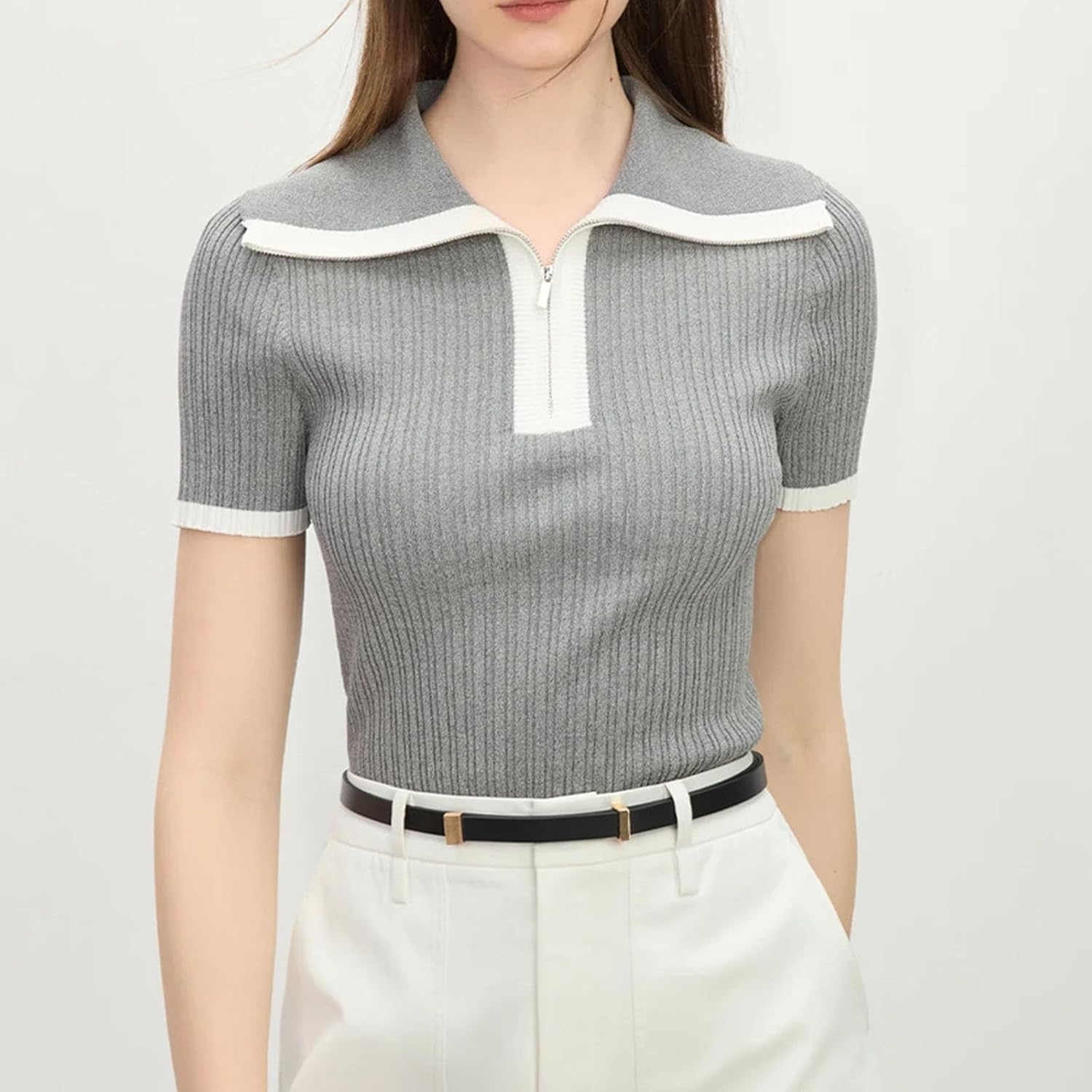 Athflow Style Contrast Color Short Sleeve Knit T-Shirt Women’s Slim Fit Sweater Top