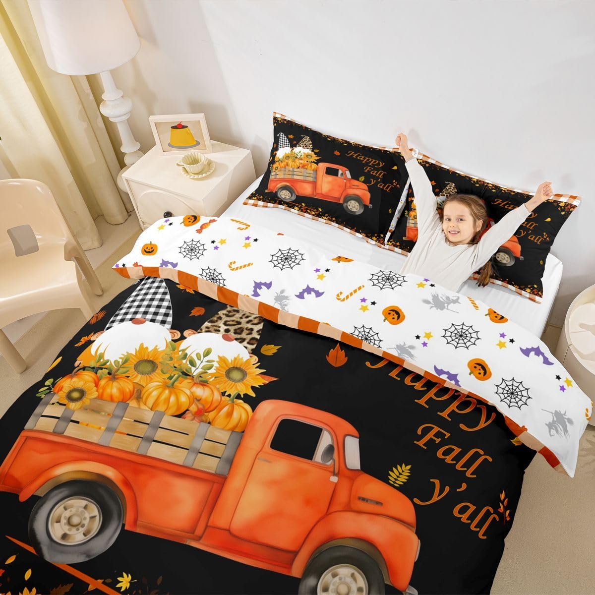 Happy Fall Y'All Duvet Cover For Kids Boys Girls, Thanksgiving Maple Leaf Bedding Set Twin Size Pumpkin Truck Comforter Cover For Bedroom, Sunflower Gnomes Bed Set 2 Pieces With 1 Pillow Case