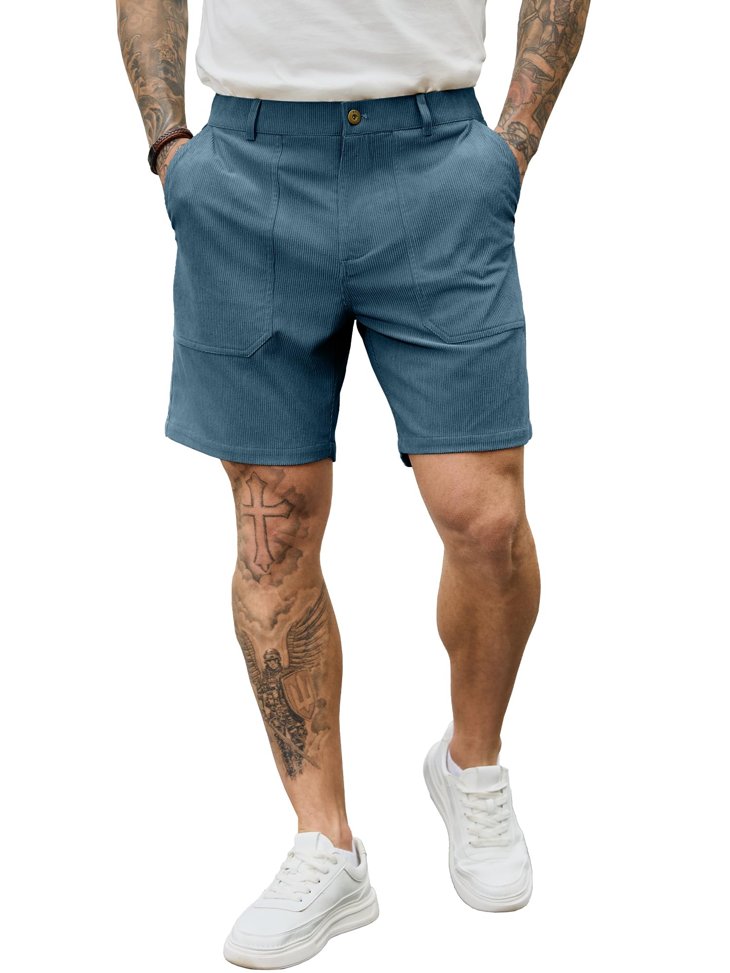 PLEPAN Mens Corduroy Shorts 7 Inch Casual Vintage Elastic Waist Relaxed Fit Summer Beach Short with Pockets