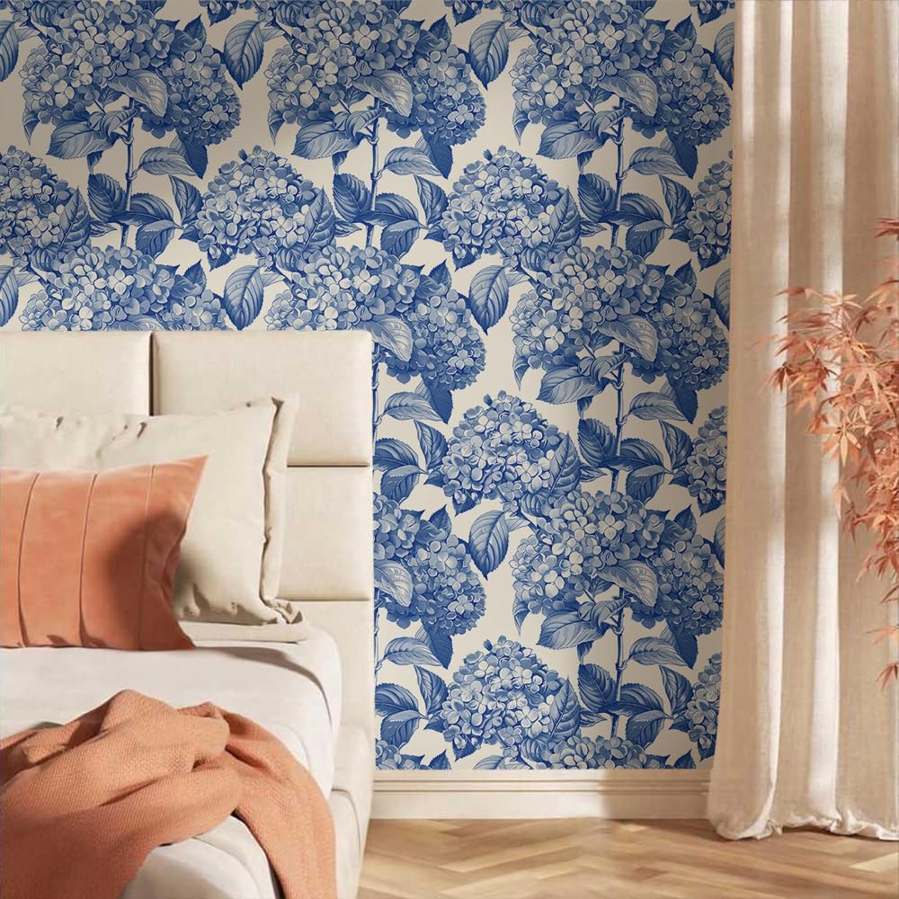 18"x236" White Navy Blue Hydrangea Flower Vintage Peel and Stick Self Adhesive Wallpaper Removable Contact Paper Stick on Easy Peel Off Wall Paper for Kitchen Bedroom Bathroom