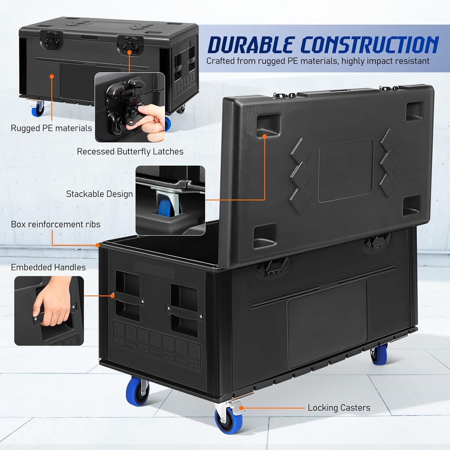 45'' ATA Rolling Cable Trunk Case, Stackable Road Case with 360° Wheels for for Pro Audio & DJ Equipment Storage, 1100lbs Heavy Duty Case for Professional Package Transport