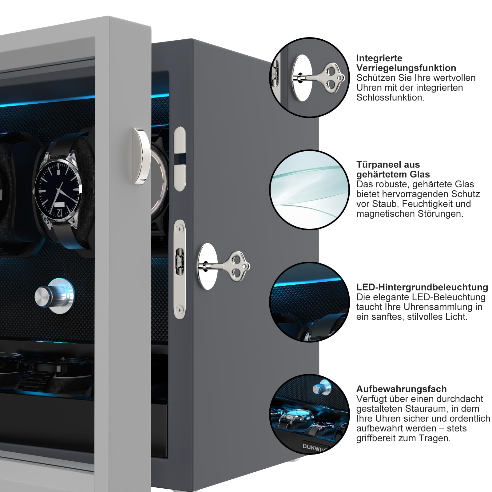 XTELARY Abschließbarer Uhrenbeweger für 4/6/8/12 Automatikuhren, Automatikbeweger mit 4 Rotationsmodi,Extra Uhrenfächern, Flexible Uhrenkissen, Leiser Mabuchi Motor und Blaue Hintergrundbeleuchtung